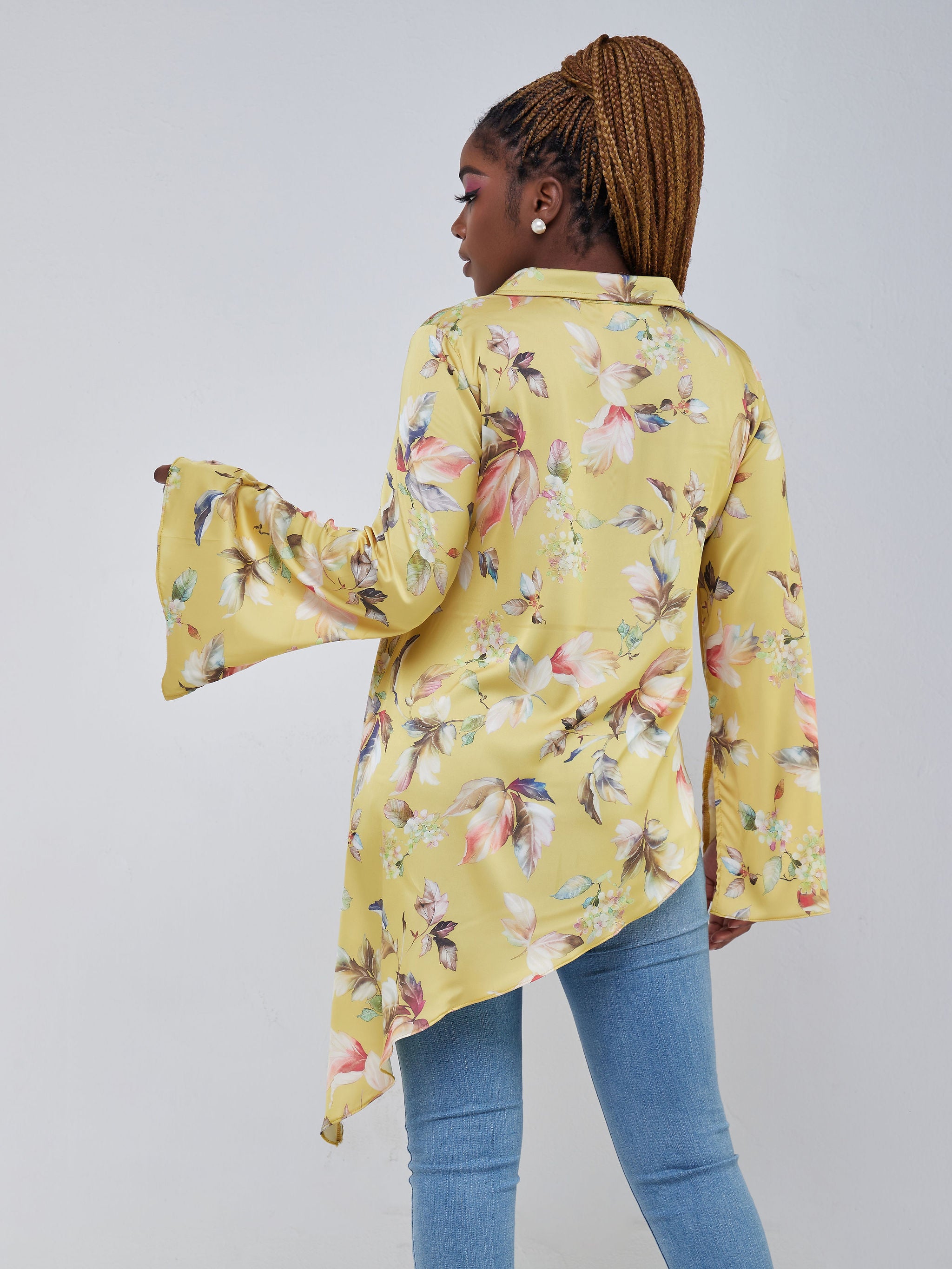 Vivo Jamila Asymmetrical Shirt Top - Mustard Leaf Print