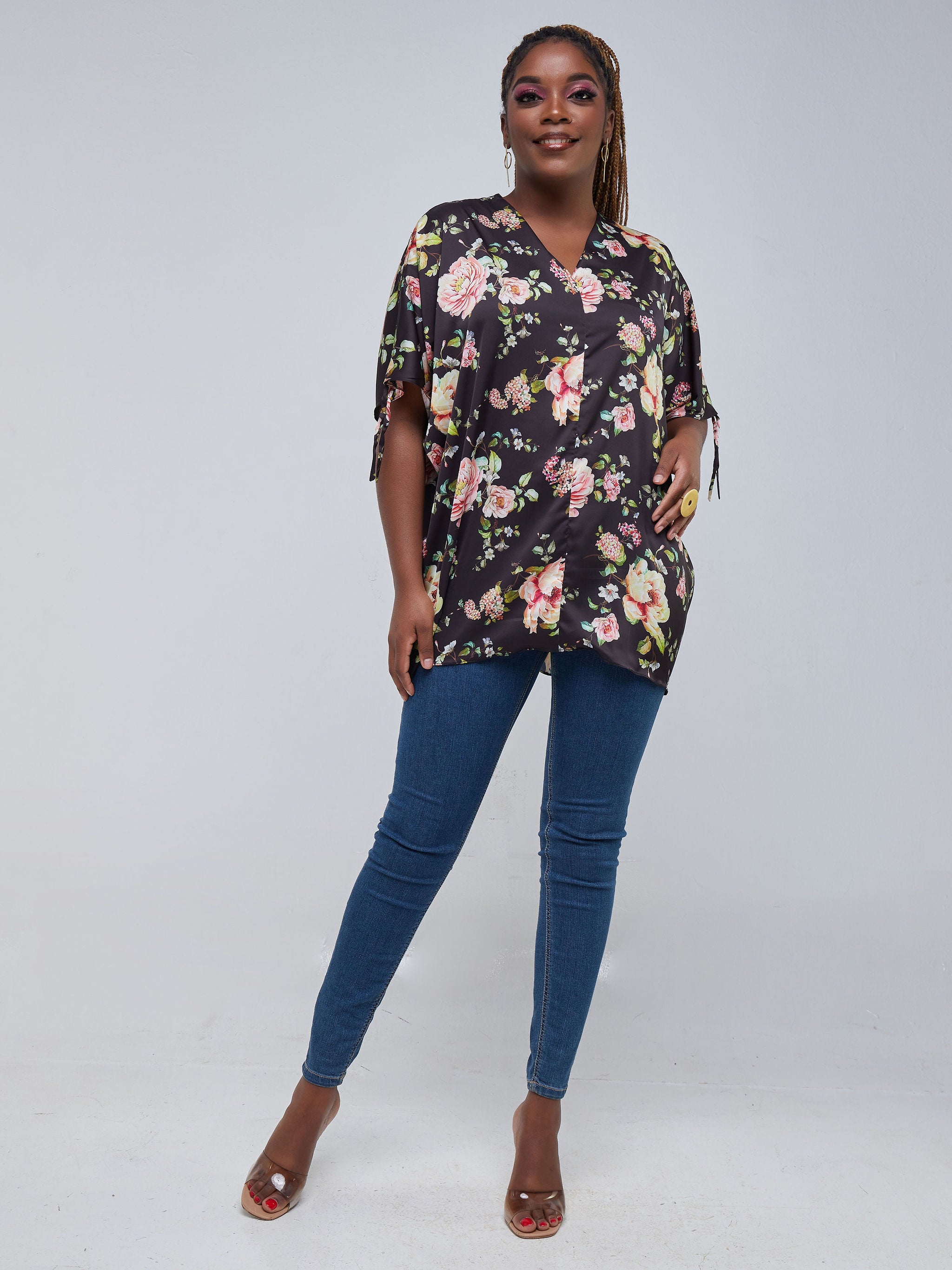 Vivo Jamila Dolman Drawstring Tunic Top - Black Floral Print