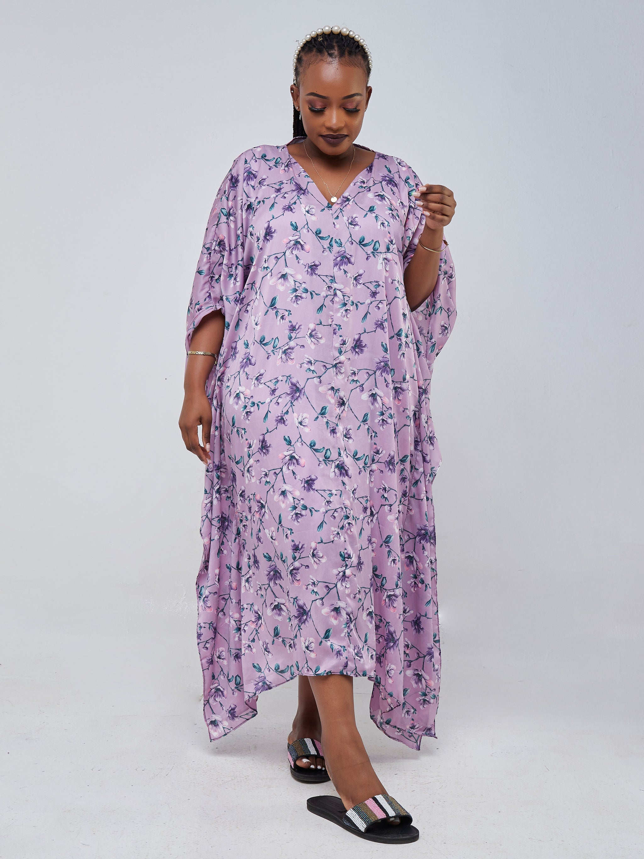 Vivo Jamila V-Neck Midi Kaftan - Purple Floral Print