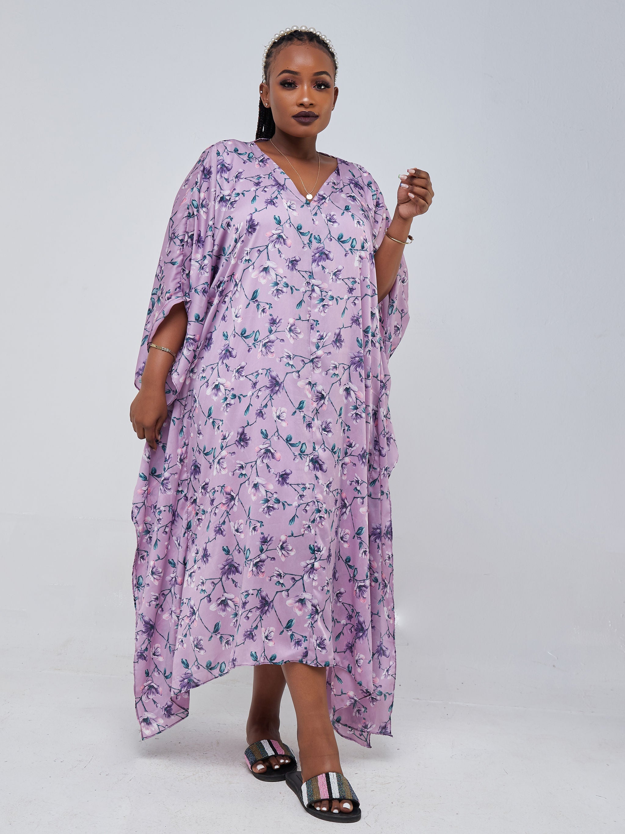 Vivo Jamila V-Neck Midi Kaftan - Purple Floral Print