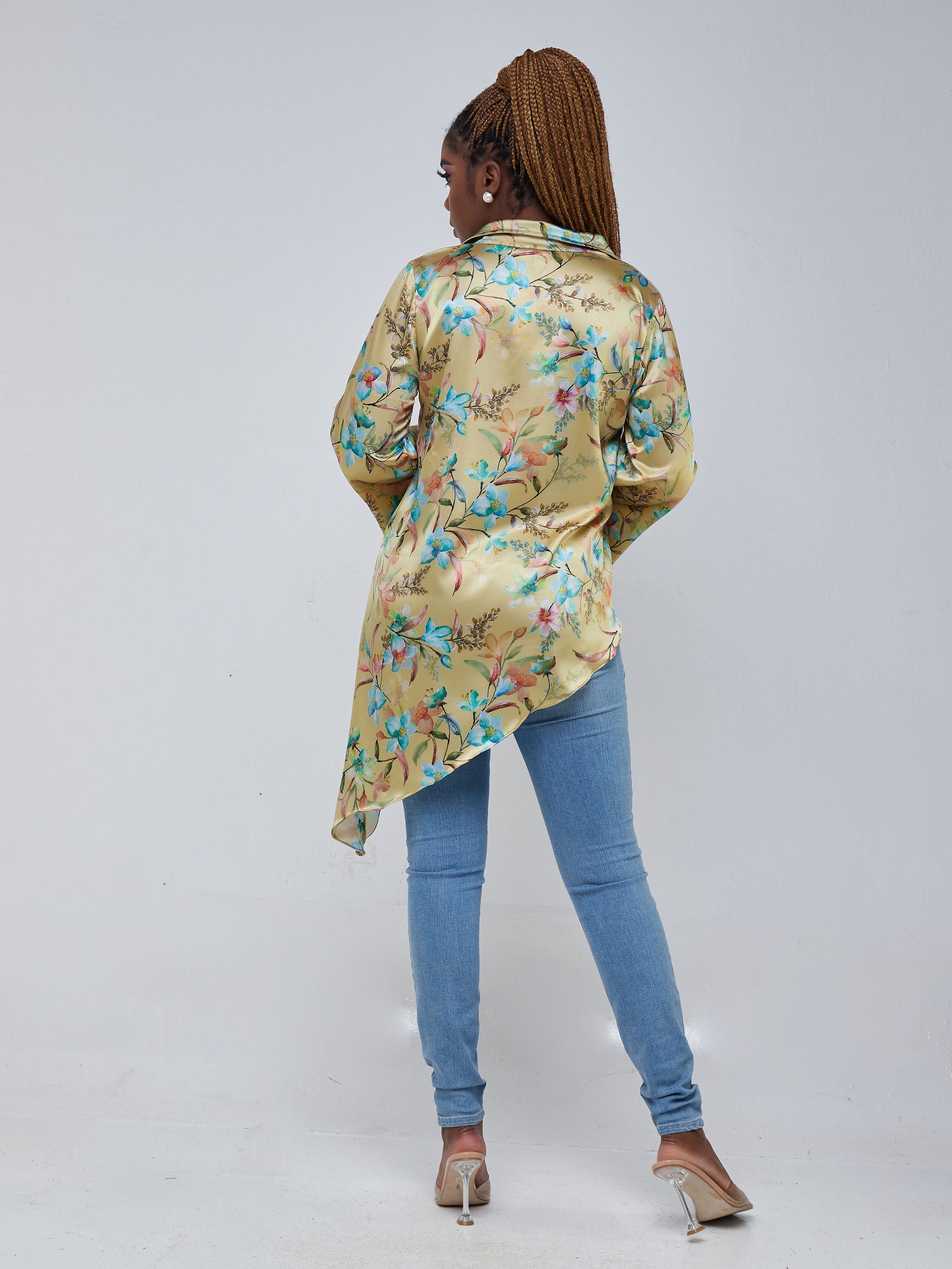 Vivo Jamila Asymmetrical Shirt Top - Gold / Blue Floral Print