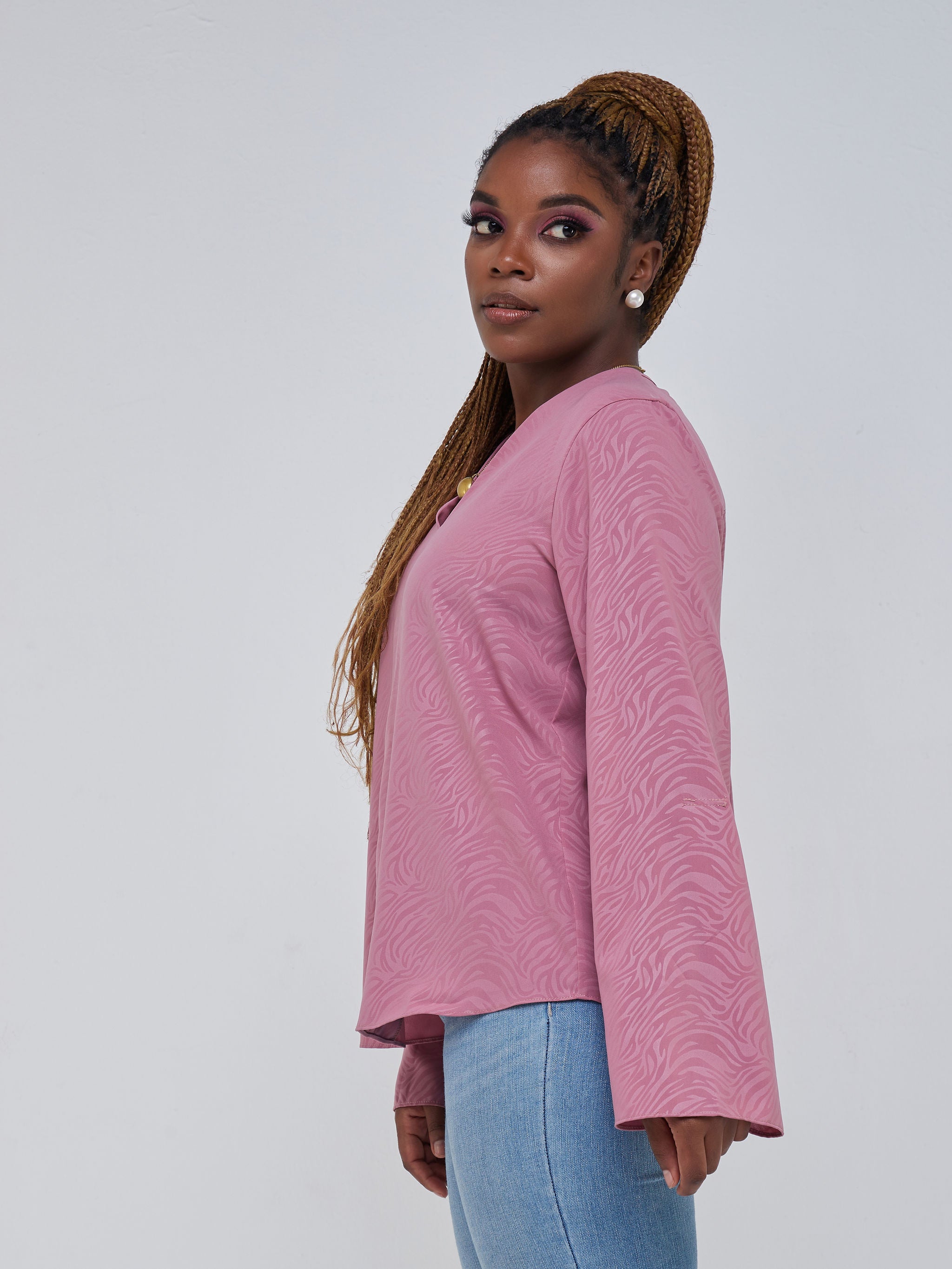 Safari Kaya Long Sleeve V-Neck Top - Dusty Pink Print