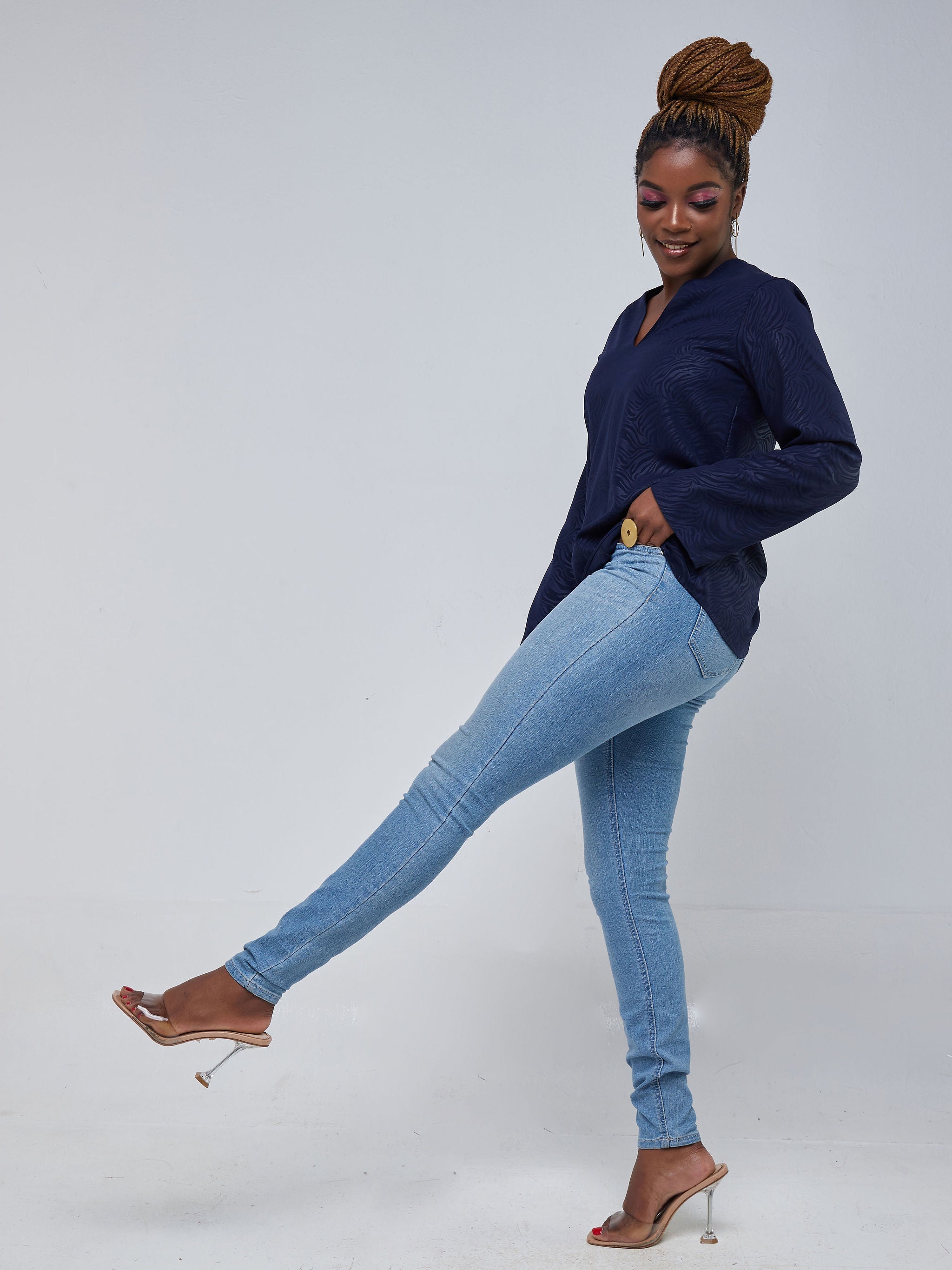 Safari Kaya Long Sleeve V neck Top - Navy Blue Print