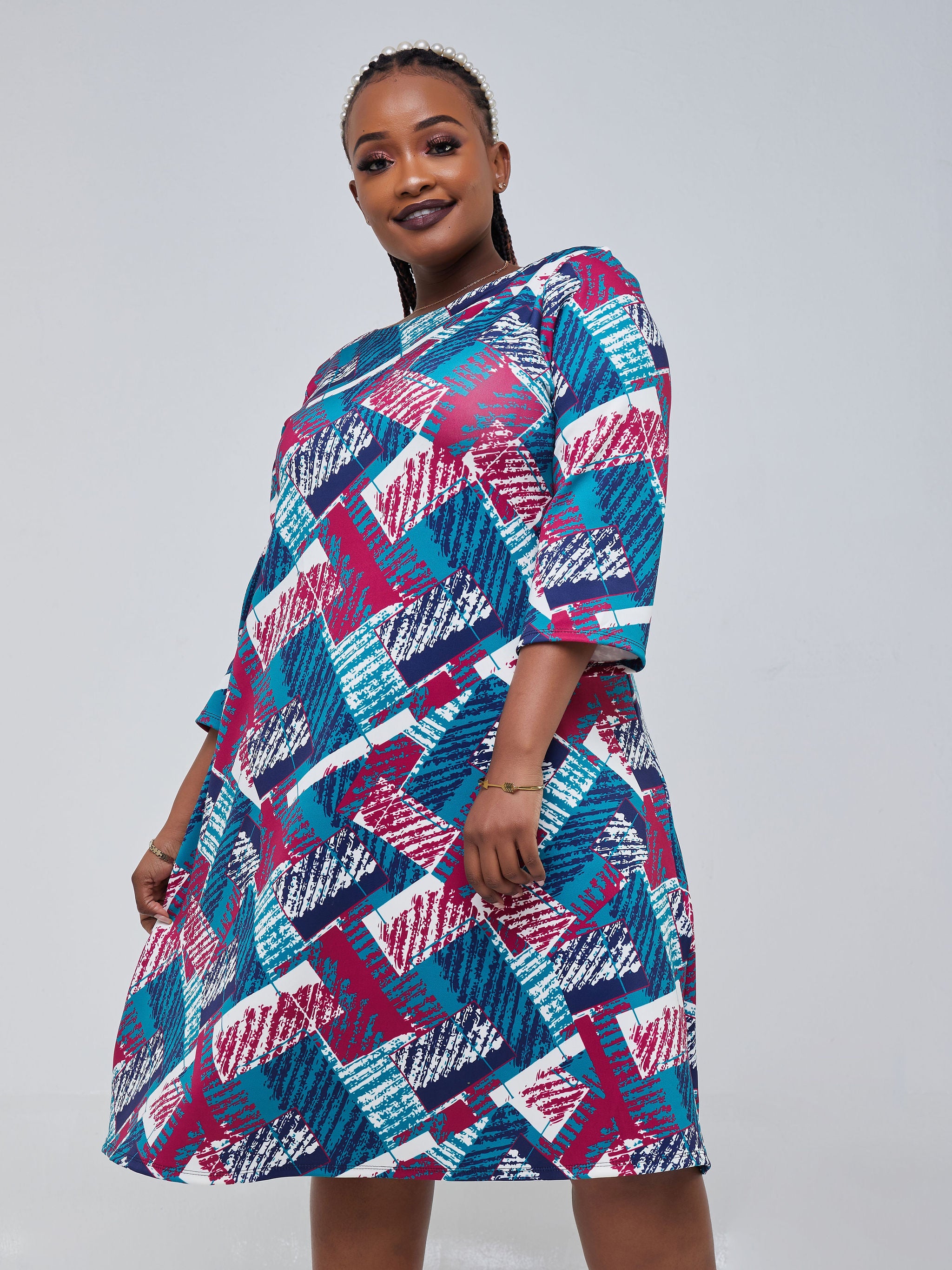 Vivo 3/4 Sleeve Tuni Tent Knee Length Dress - Purple / Blue Print