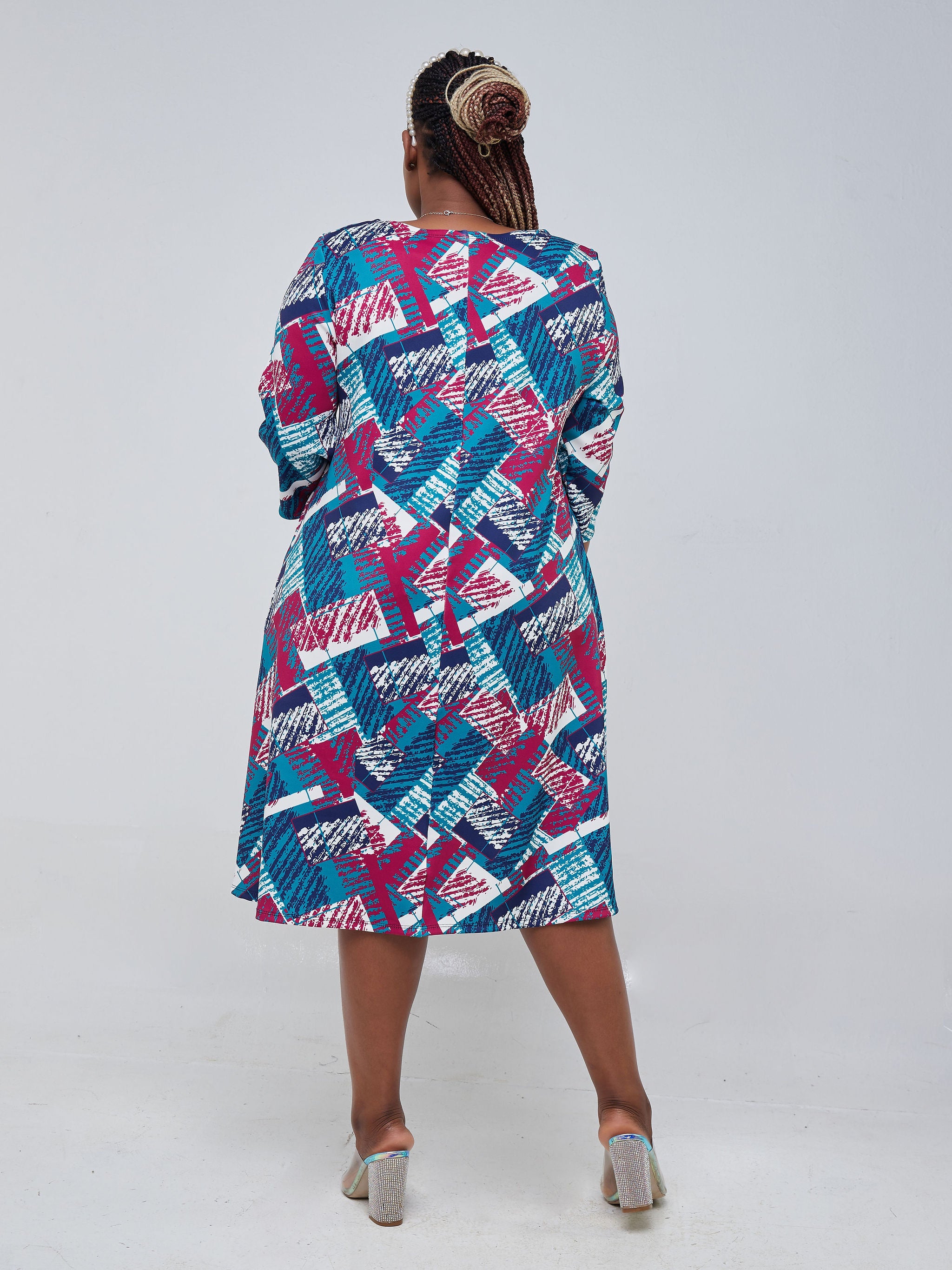 Vivo 3/4 Sleeve Tuni Tent Knee Length Dress - Purple / Blue Print