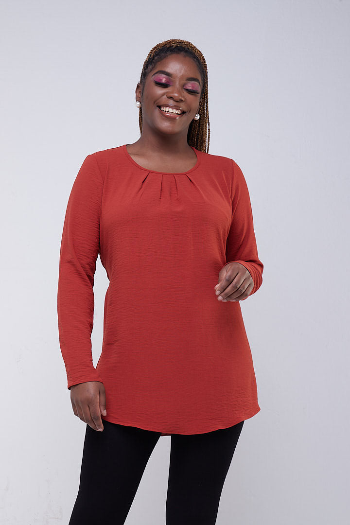 Vivo Tunu Long Sleeve Front Pleat Top - Rust
