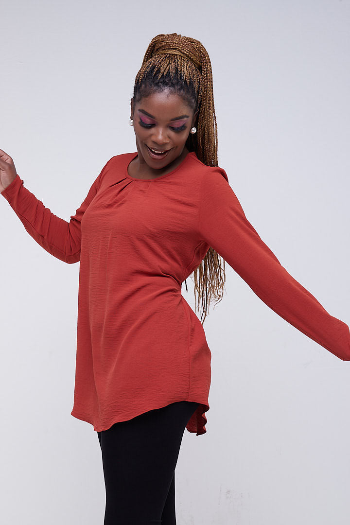Vivo Tunu Long Sleeve Front Pleat Top - Rust