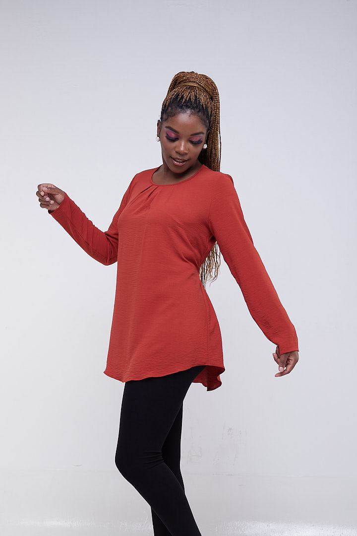 Vivo Tunu Long Sleeve Front Pleat Top - Rust