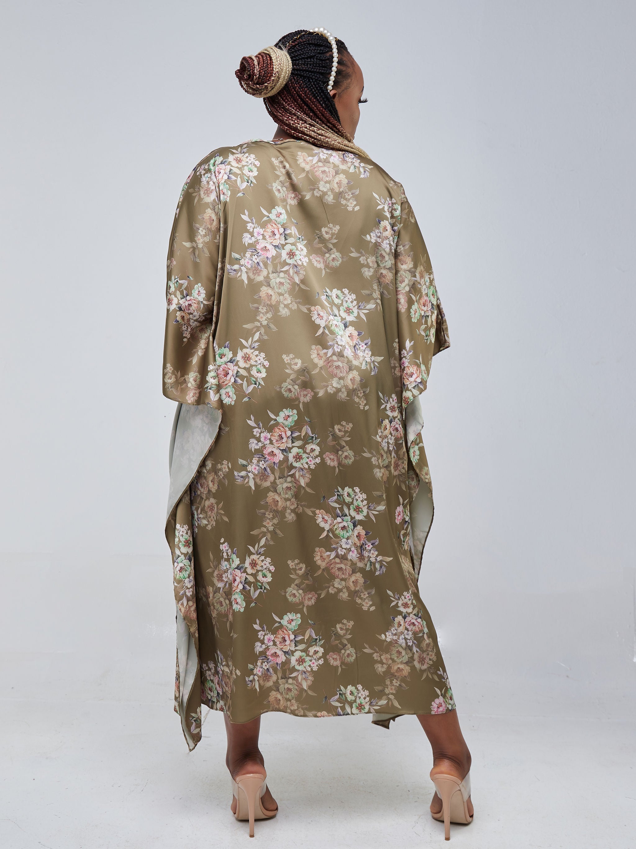 Vivo Jamila V-Neck Midi Kaftan - Hunters Green Leaf Print