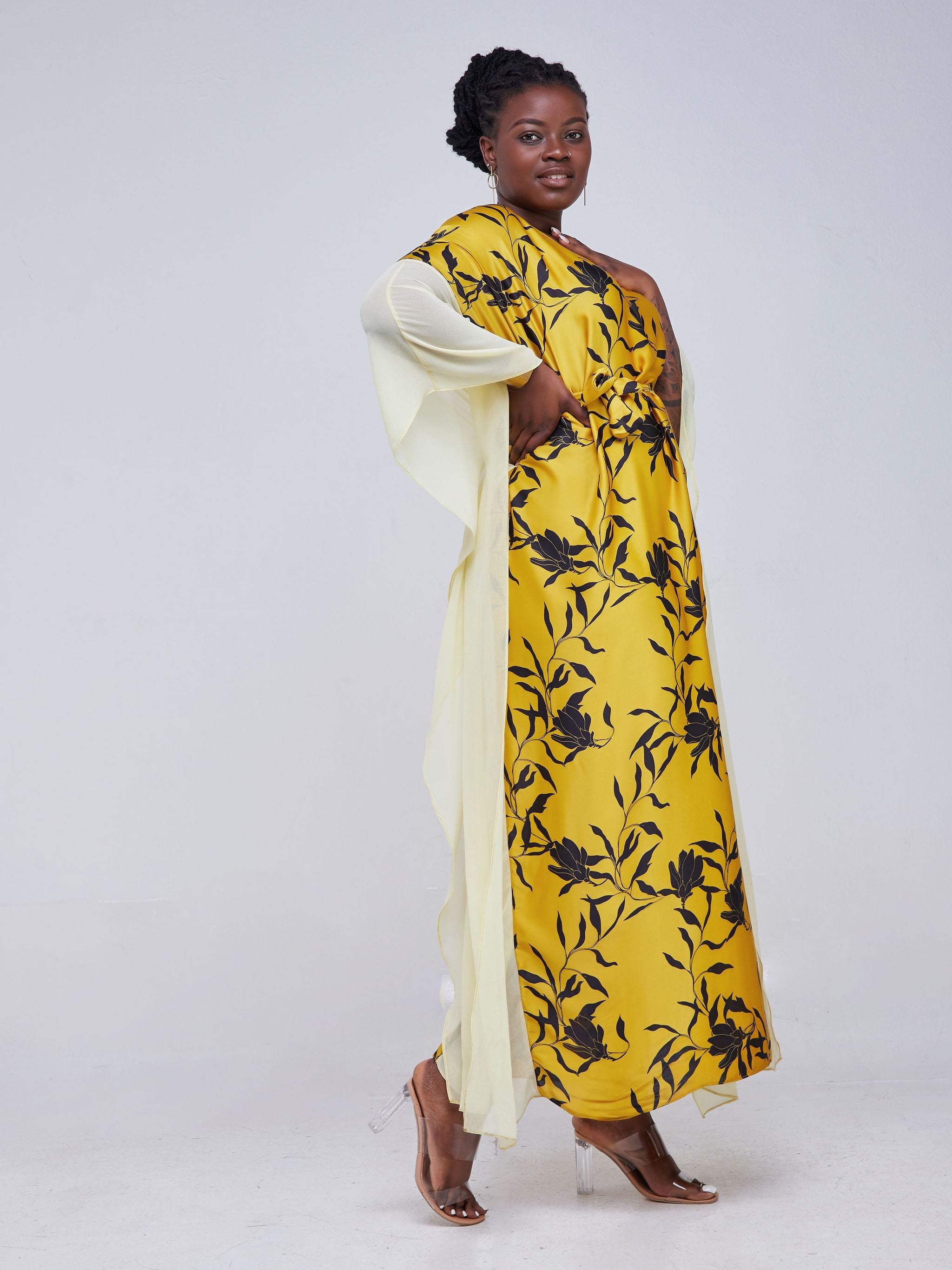 Vivo Watamu Side Border Belted Maxi Kaftan - Mustard / Black Print