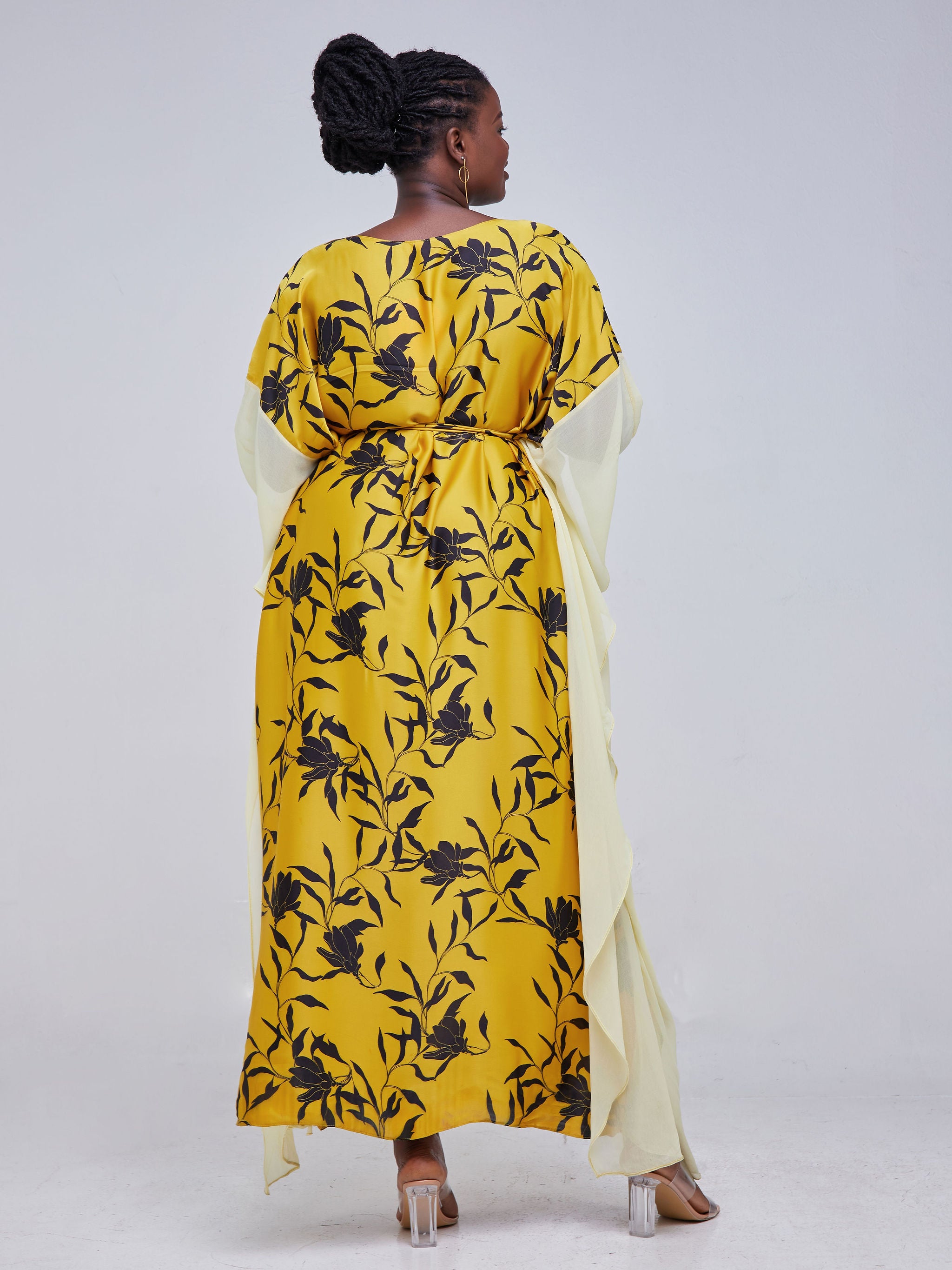 Vivo Watamu Side Border Belted Maxi Kaftan - Mustard / Black Print