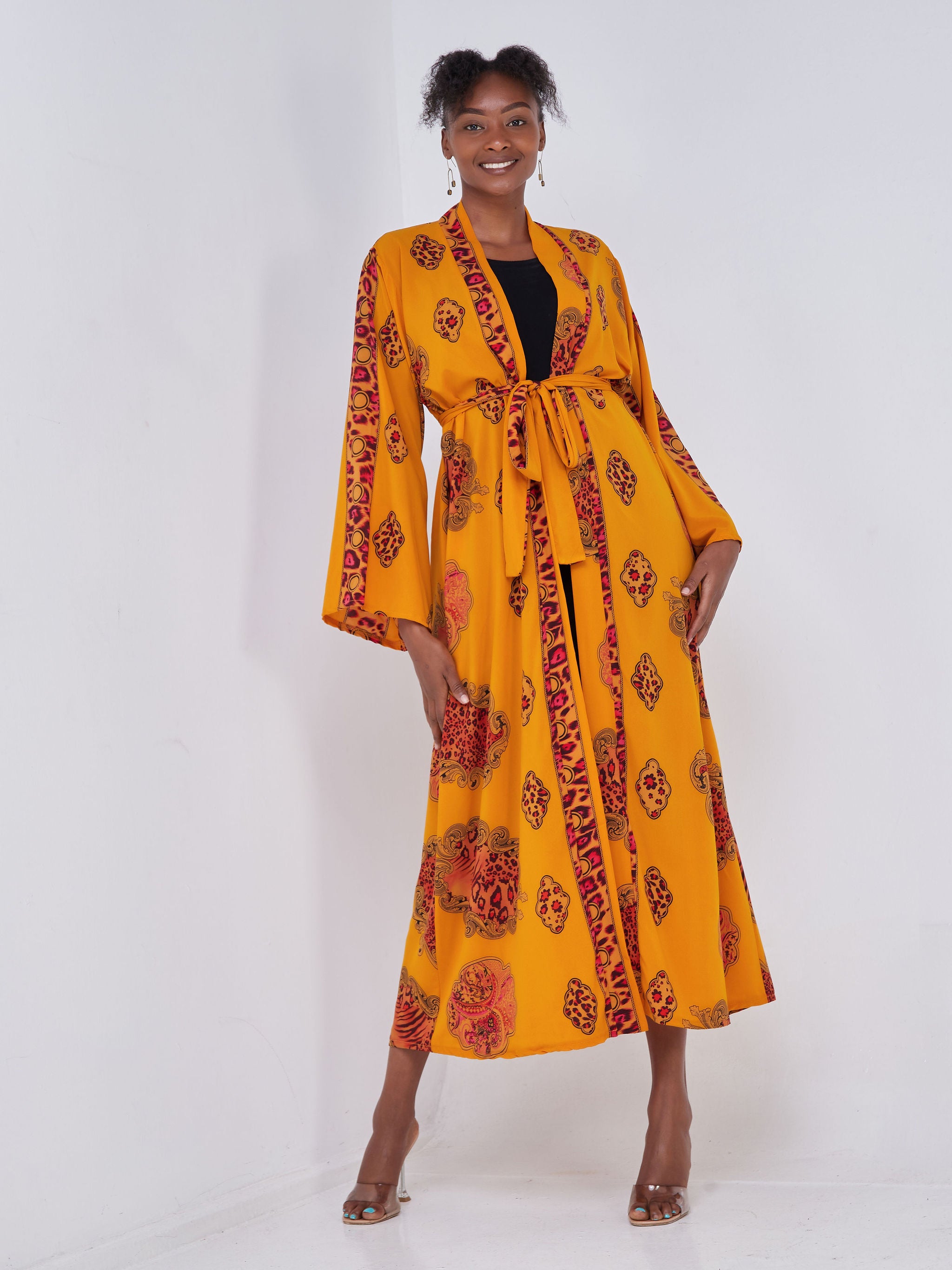 Safari Maisha Long Sleeved Kimono - Mustard / Burgundy Print