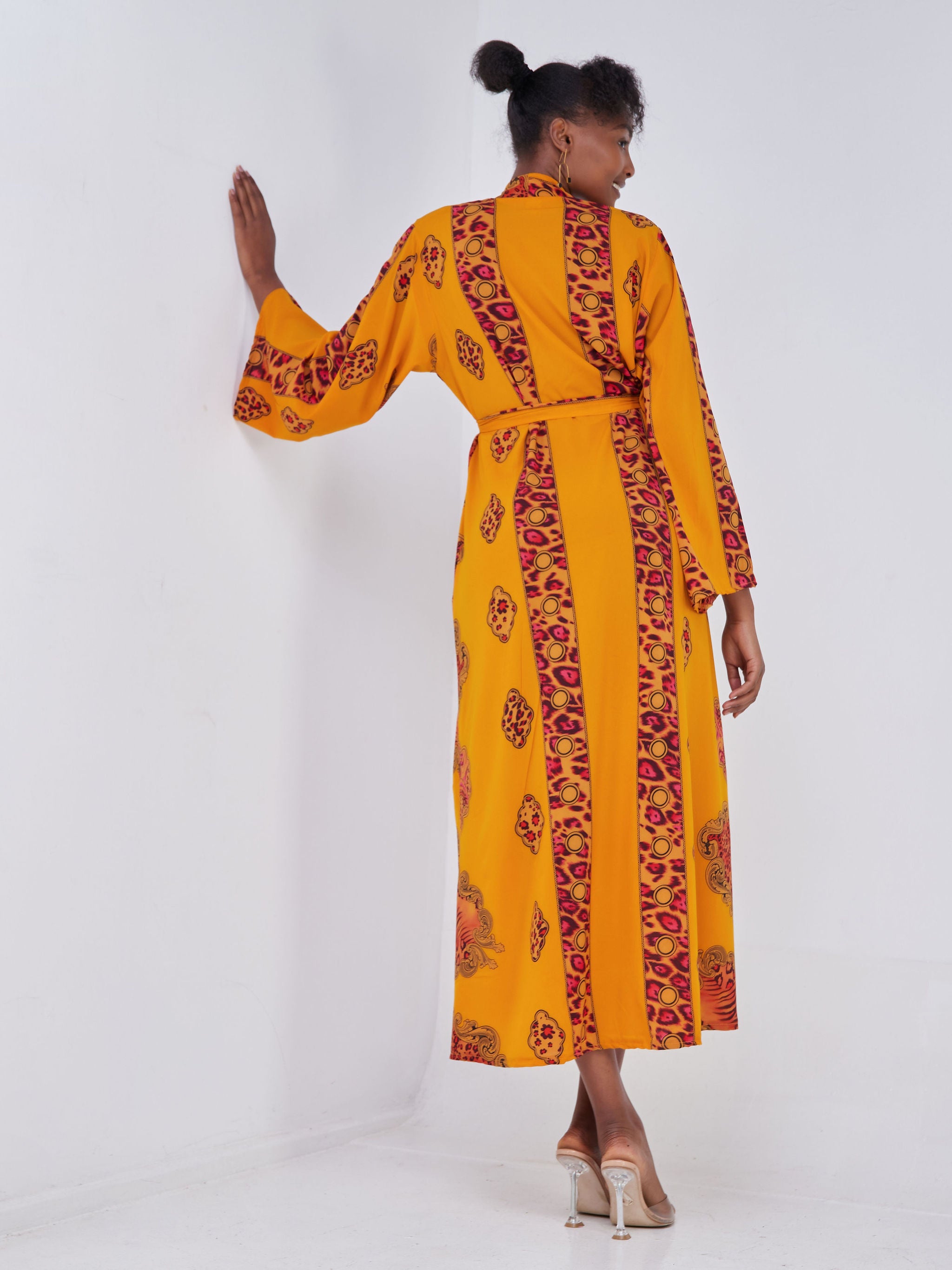 Safari Maisha Long Sleeved Kimono - Mustard / Burgundy Print