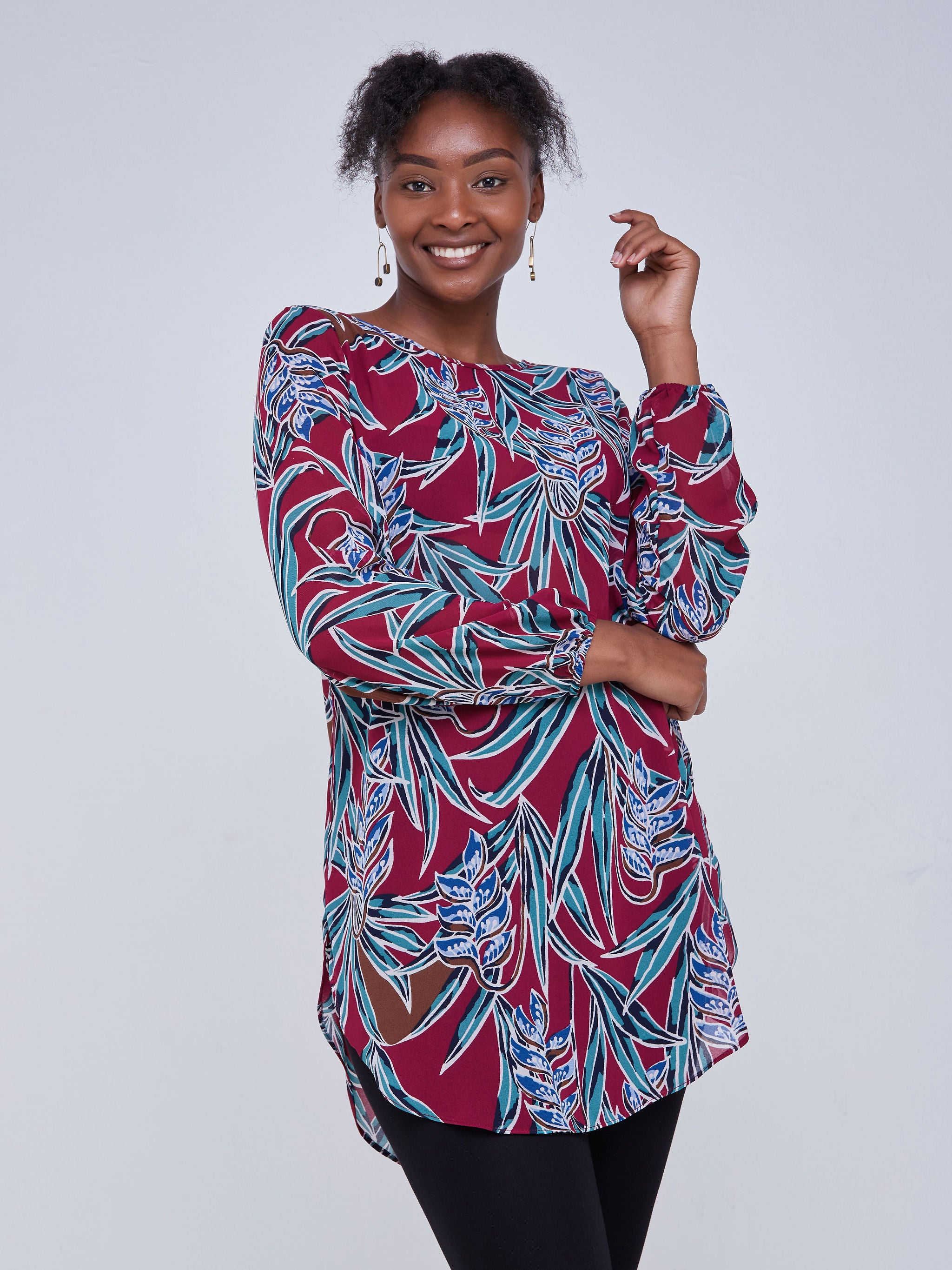 Vivo Basic Tsavo Scalloped Chiffon Top - Maroon Floral Print