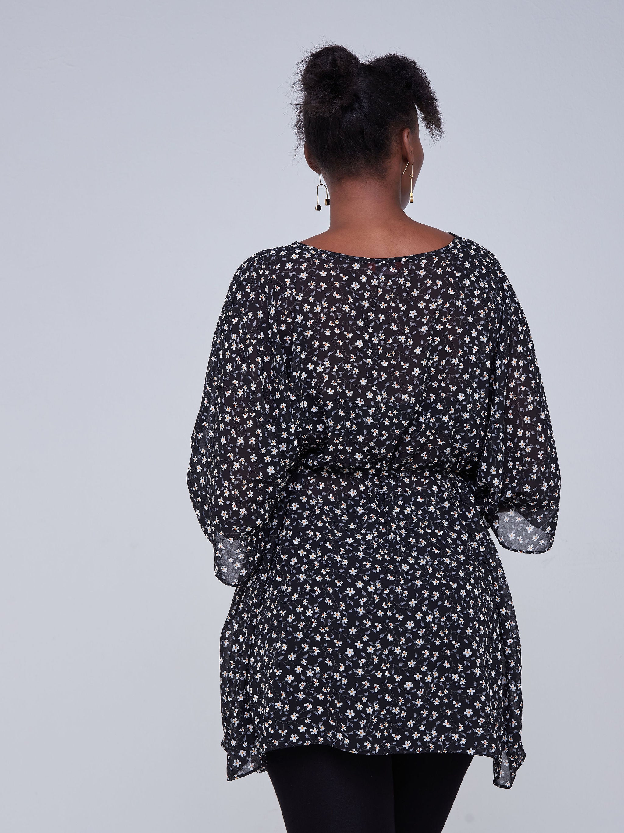 Vivo Basic Chiffon Tie Kaftan Top - Black / White Print