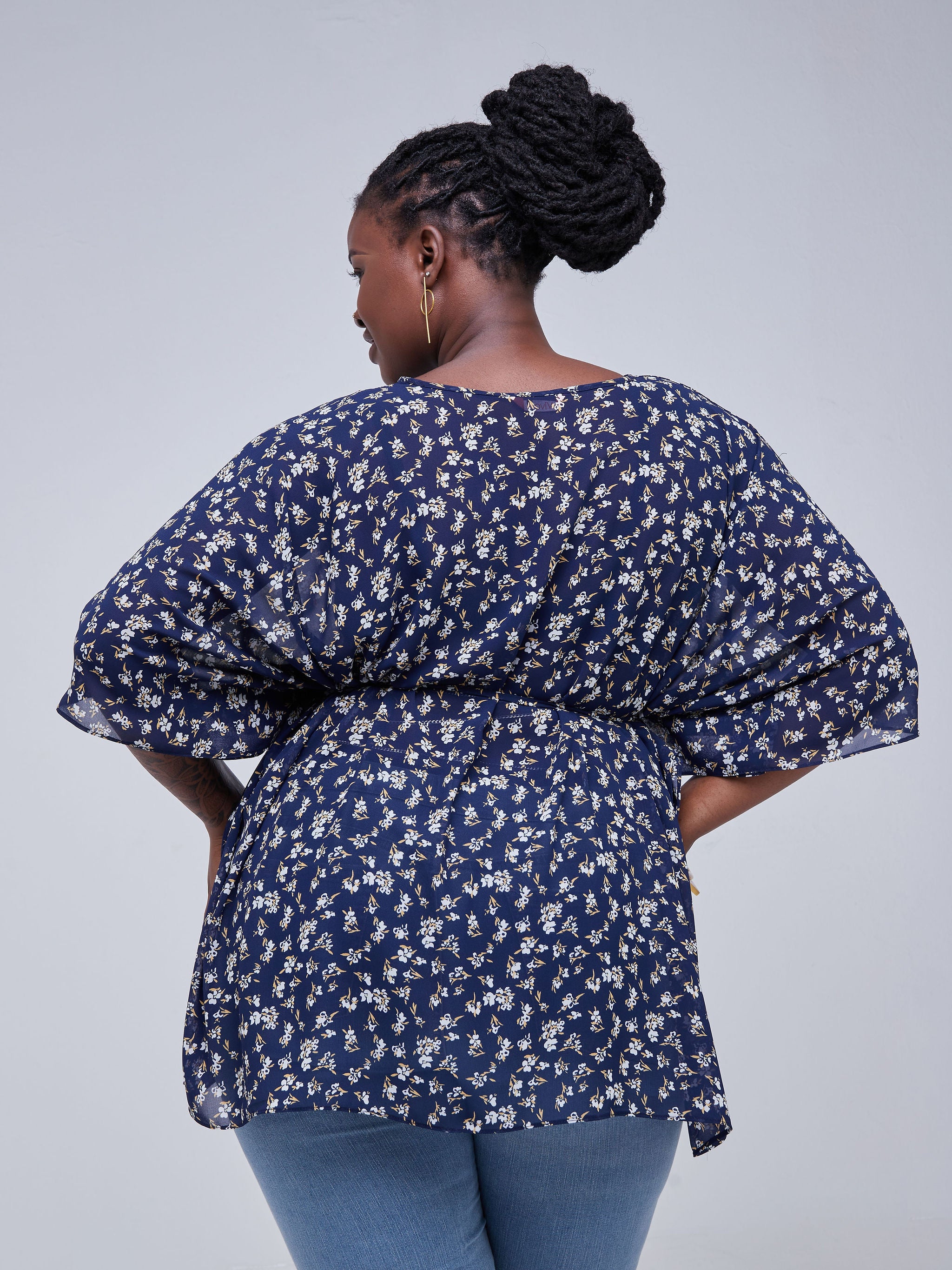 Vivo Basic Chiffon Tie Kaftan Top - Navy Blue Floral Print