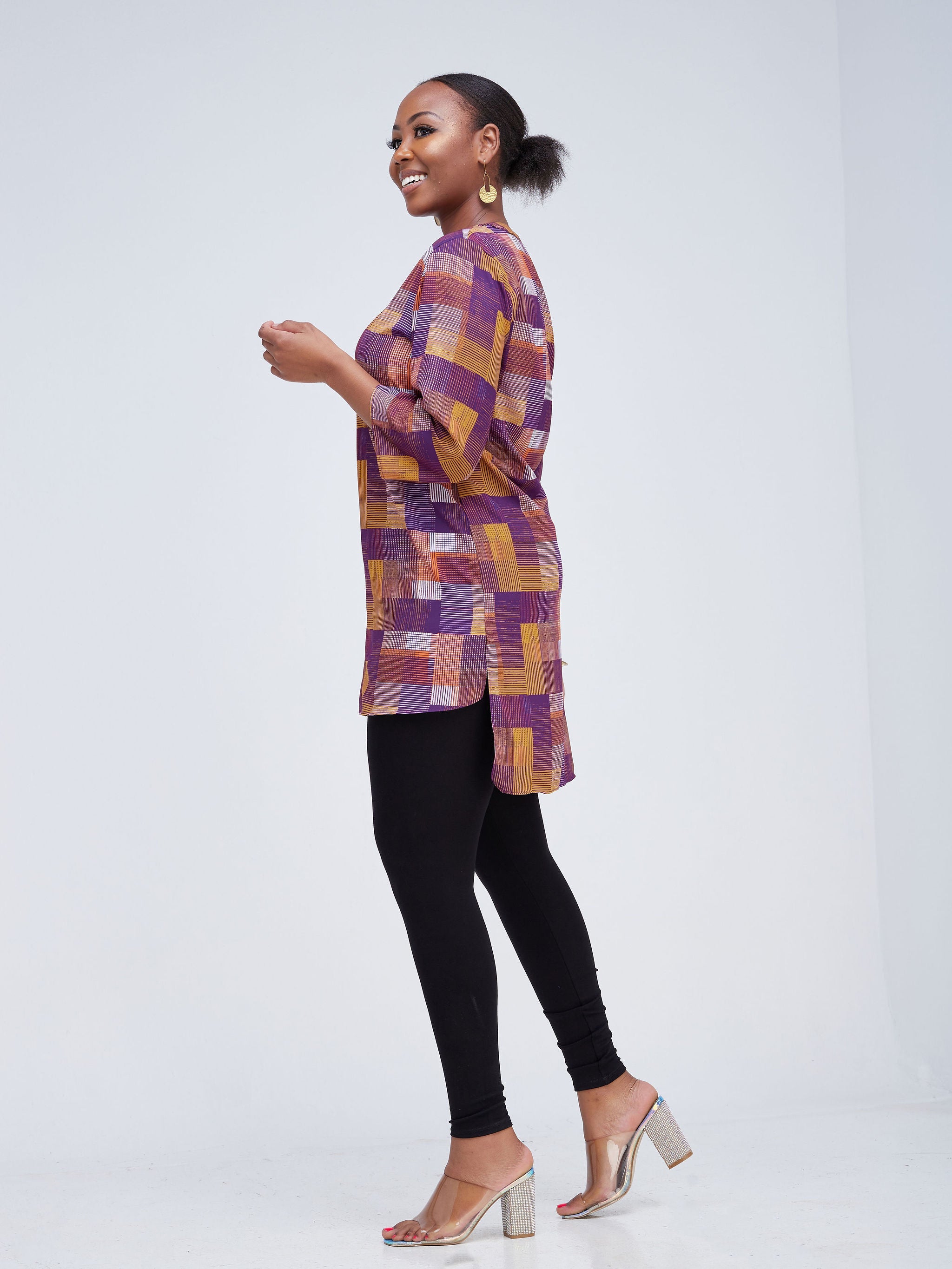 Vivo Zena Long Sleeve Mandarin Collar V neck High low Tunic - Purple Print