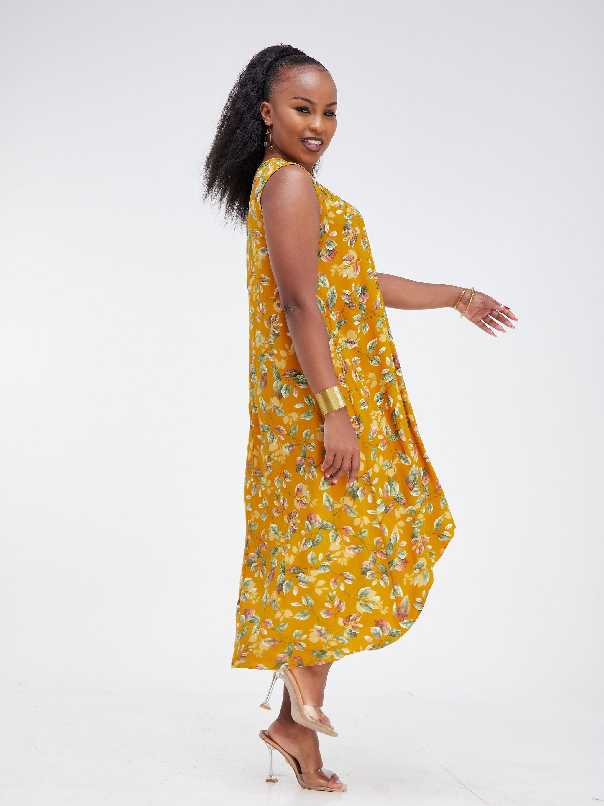 Vivo Basic Sleeveless High Low Tent Dress - Mustard / Green Leaf Print