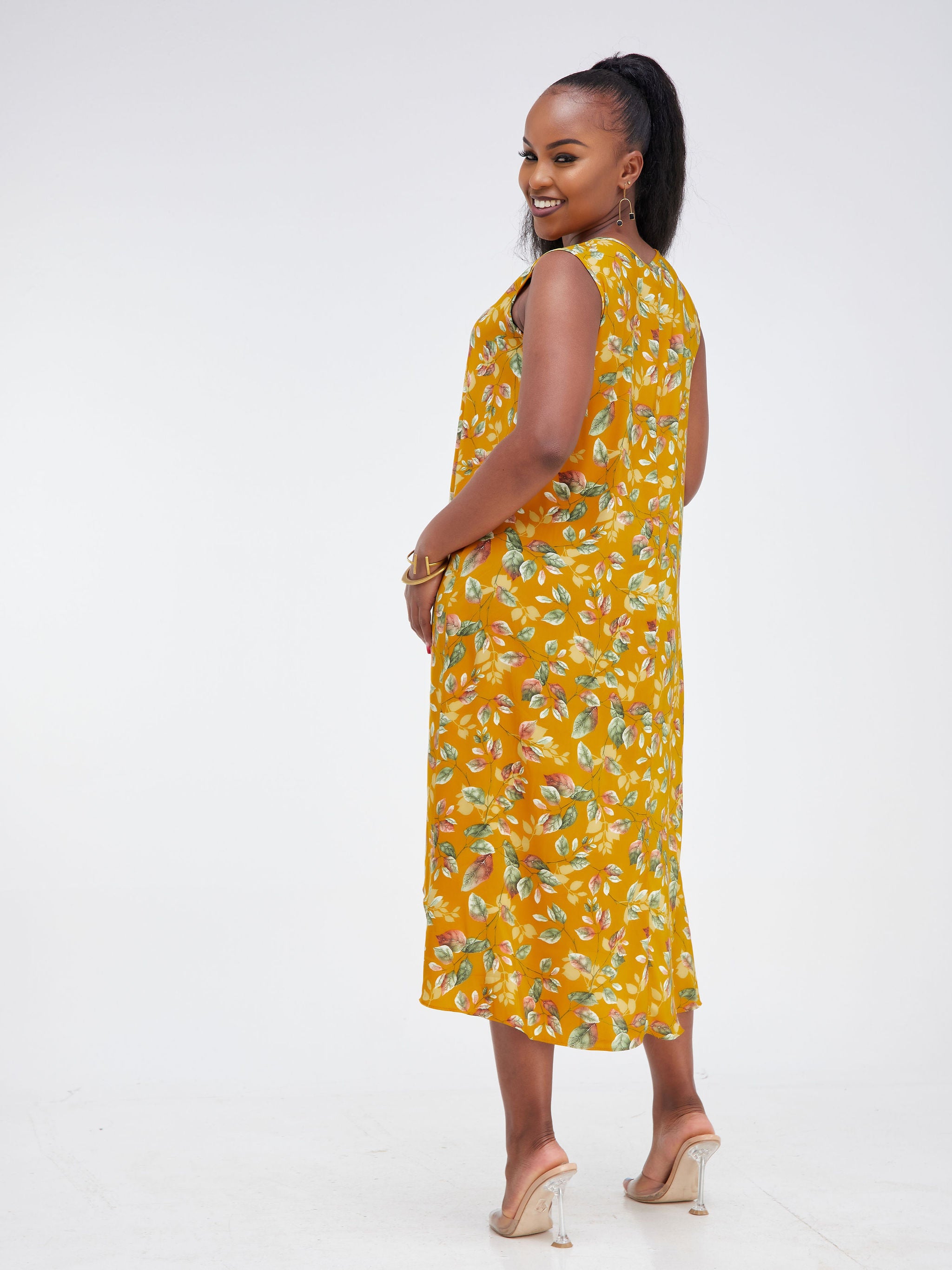 Vivo Basic Sleeveless High Low Tent Dress - Mustard / Green Leaf Print