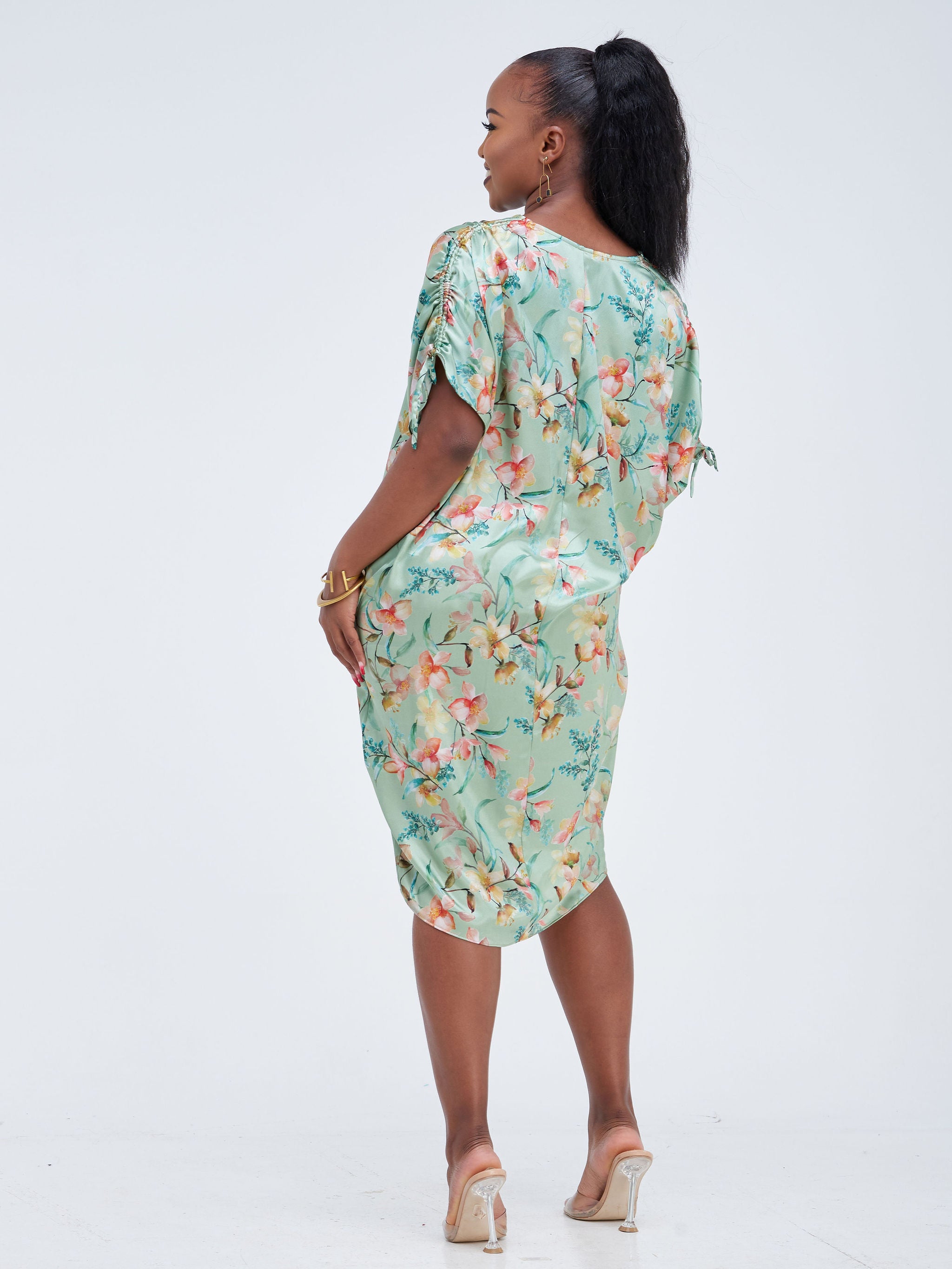 Vivo Jamila Drawstring Knee Length Dress  - Green Floral Print