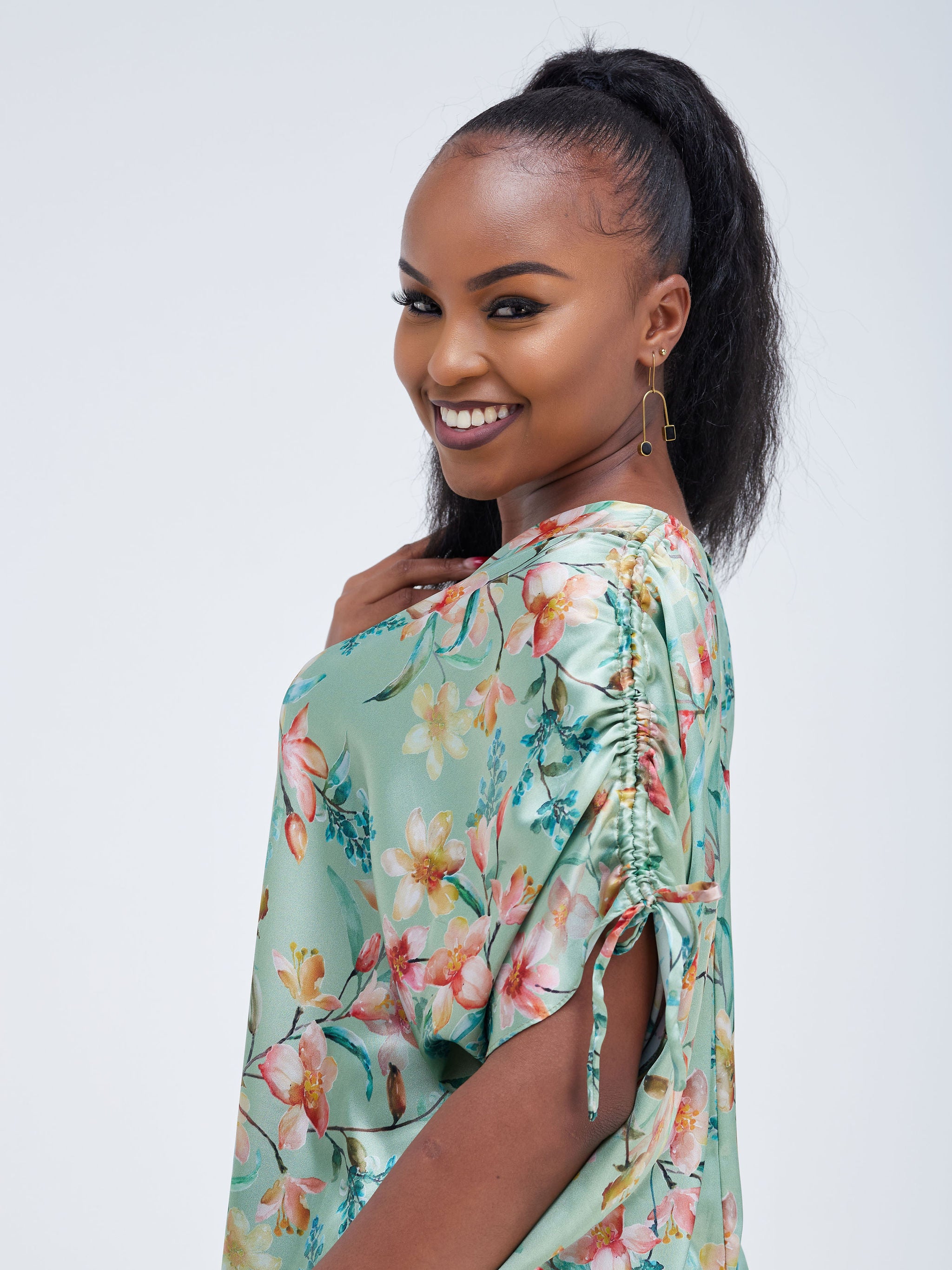 Vivo Jamila Drawstring Knee Length Dress  - Green Floral Print