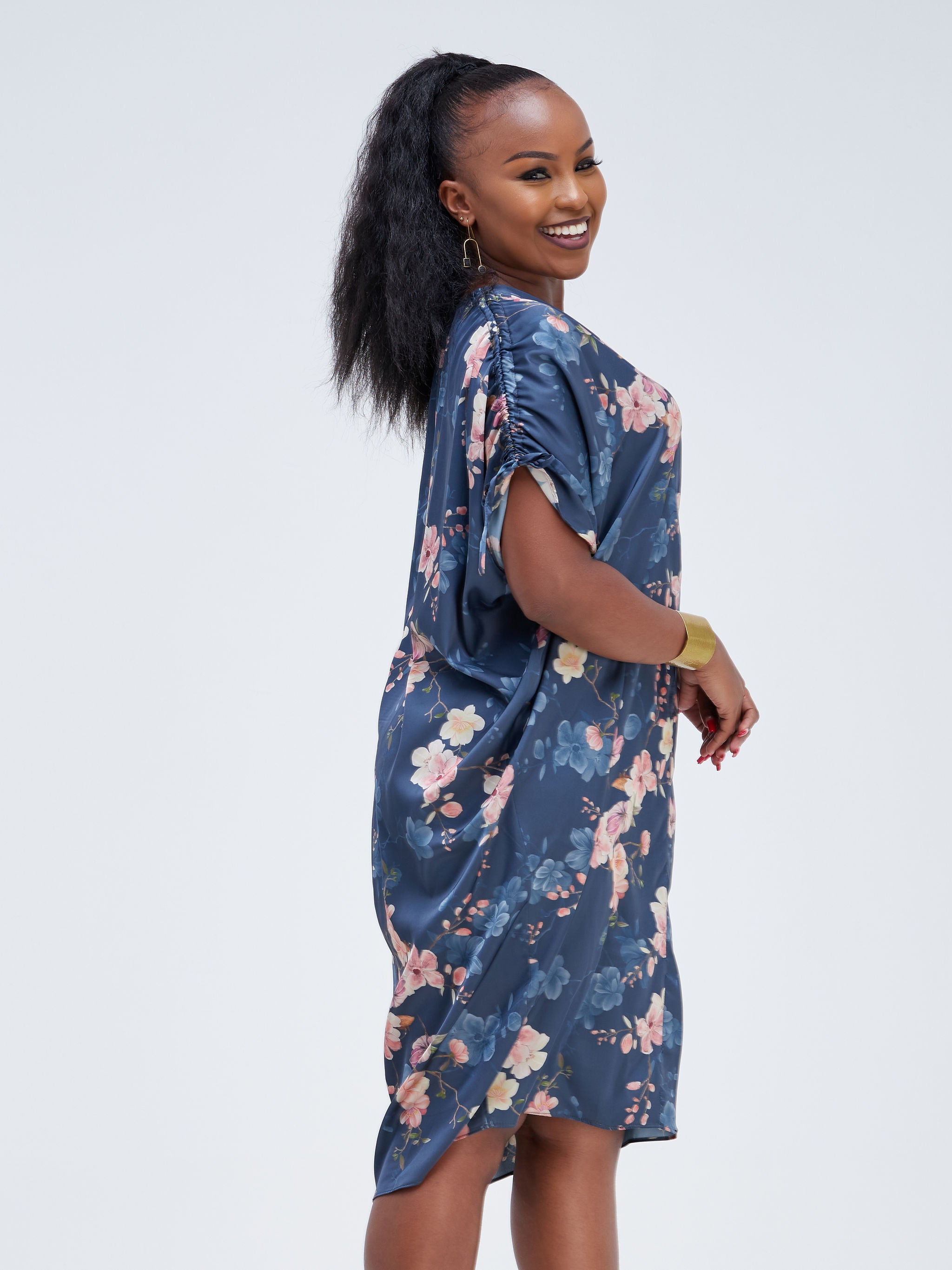 Vivo Jamila Drawstring Knee Length Dress  - Blue Floral Print