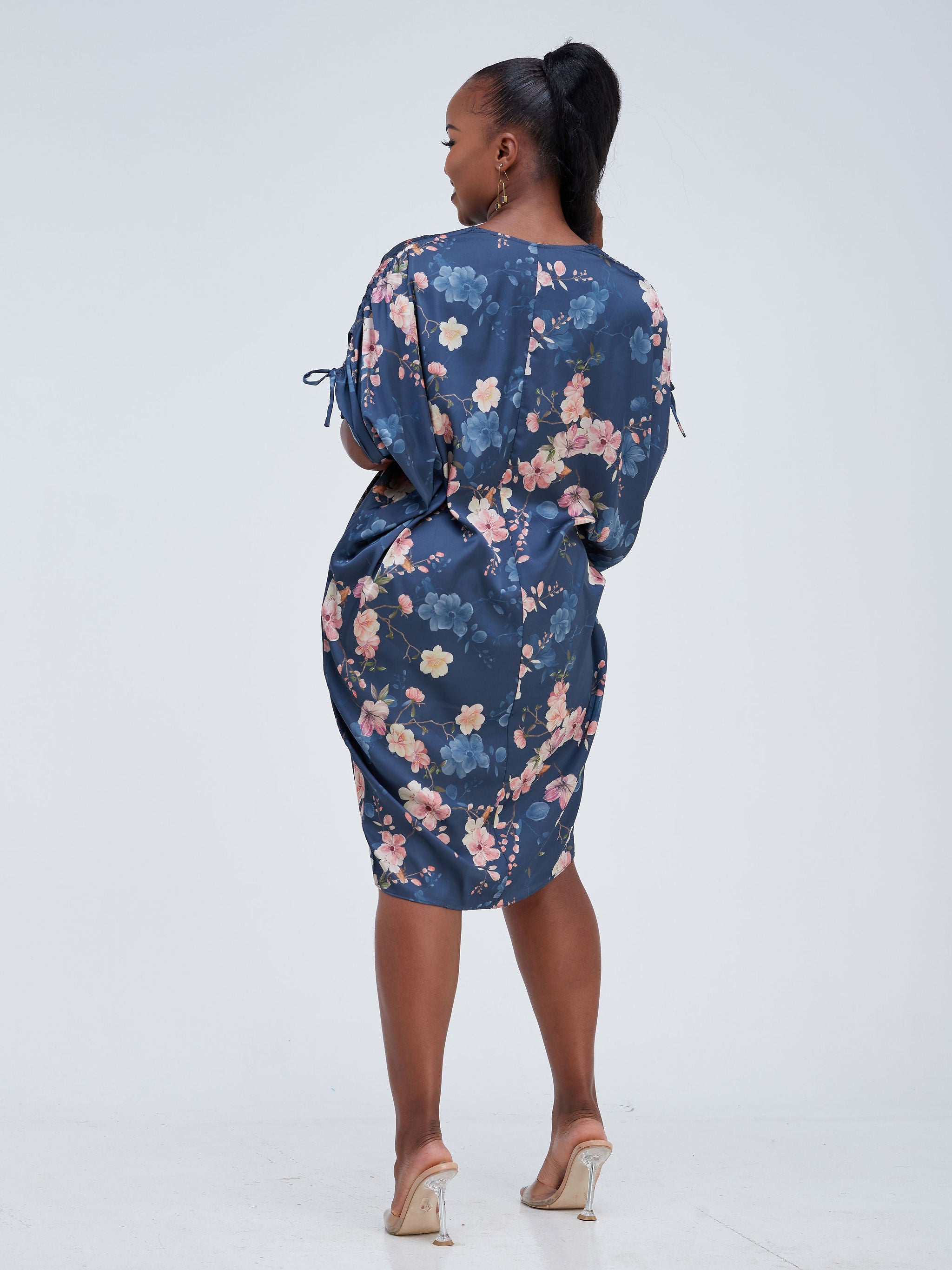 Vivo Jamila Drawstring Knee Length Dress  - Blue Floral Print