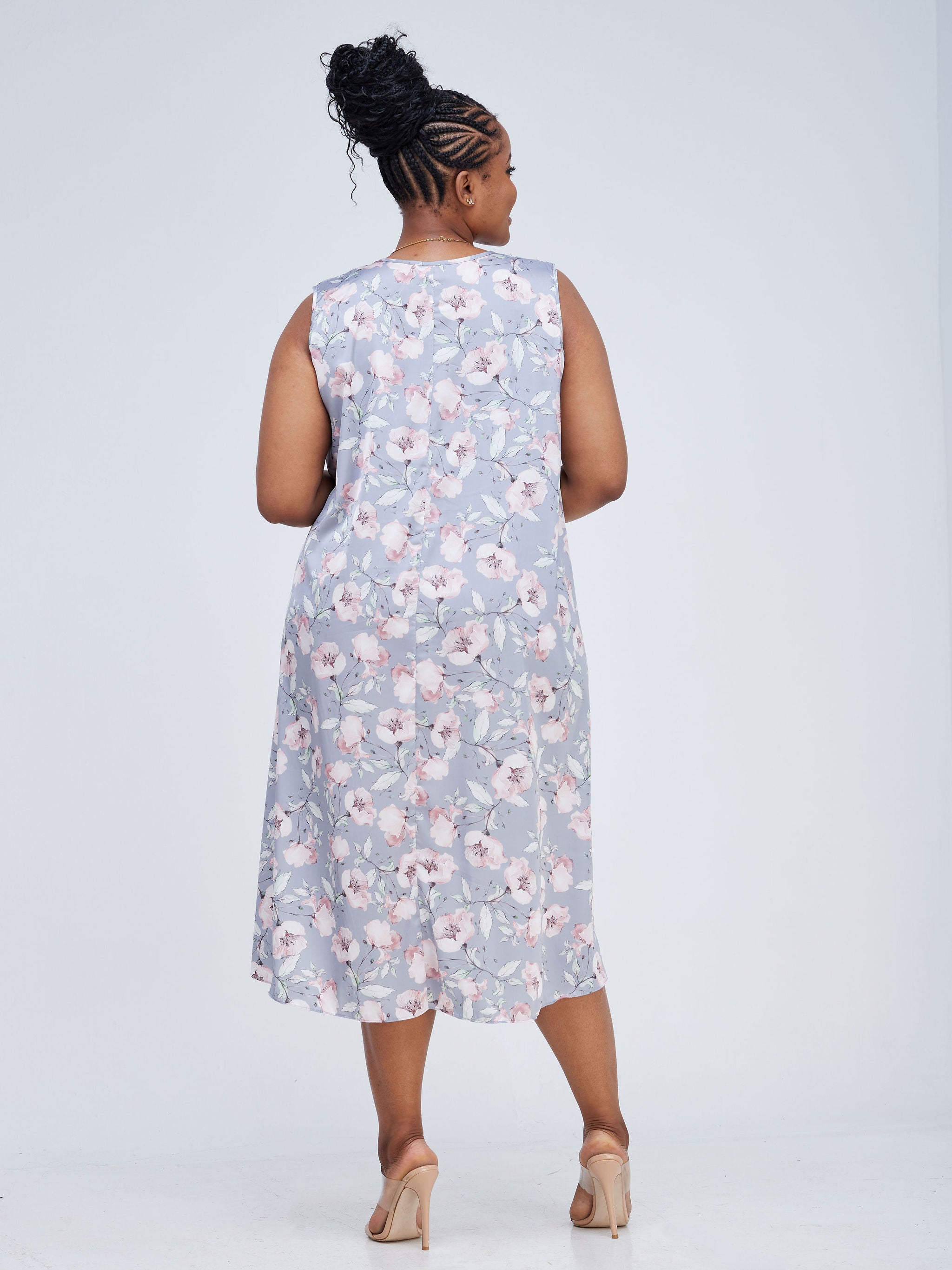 Vivo Basic Sleeveless High Low Tent Dress - Grey / Pink Print