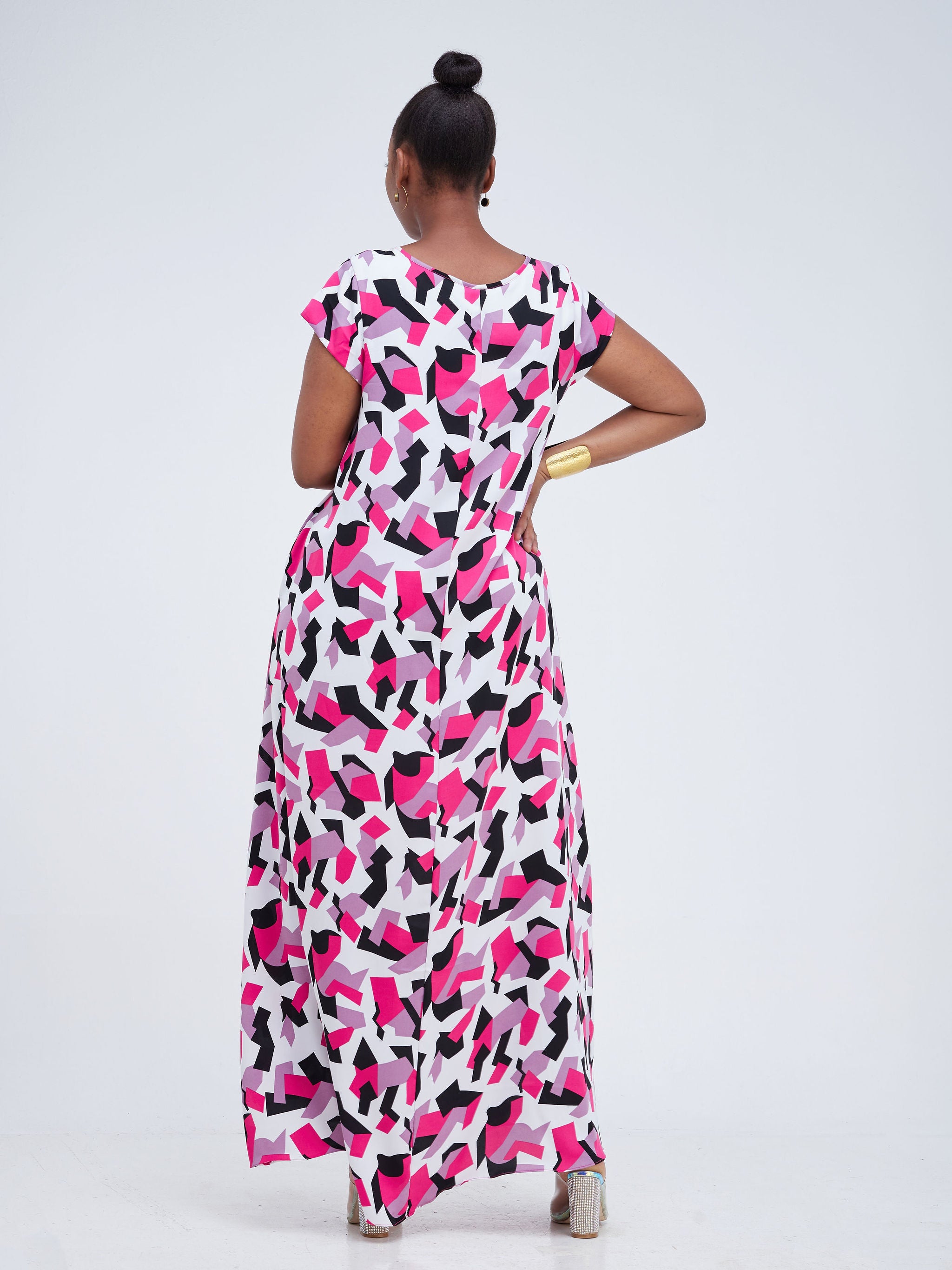 Vivo Basic Cap Sleeved Tent Maxi Dress - Pink Abstract Print