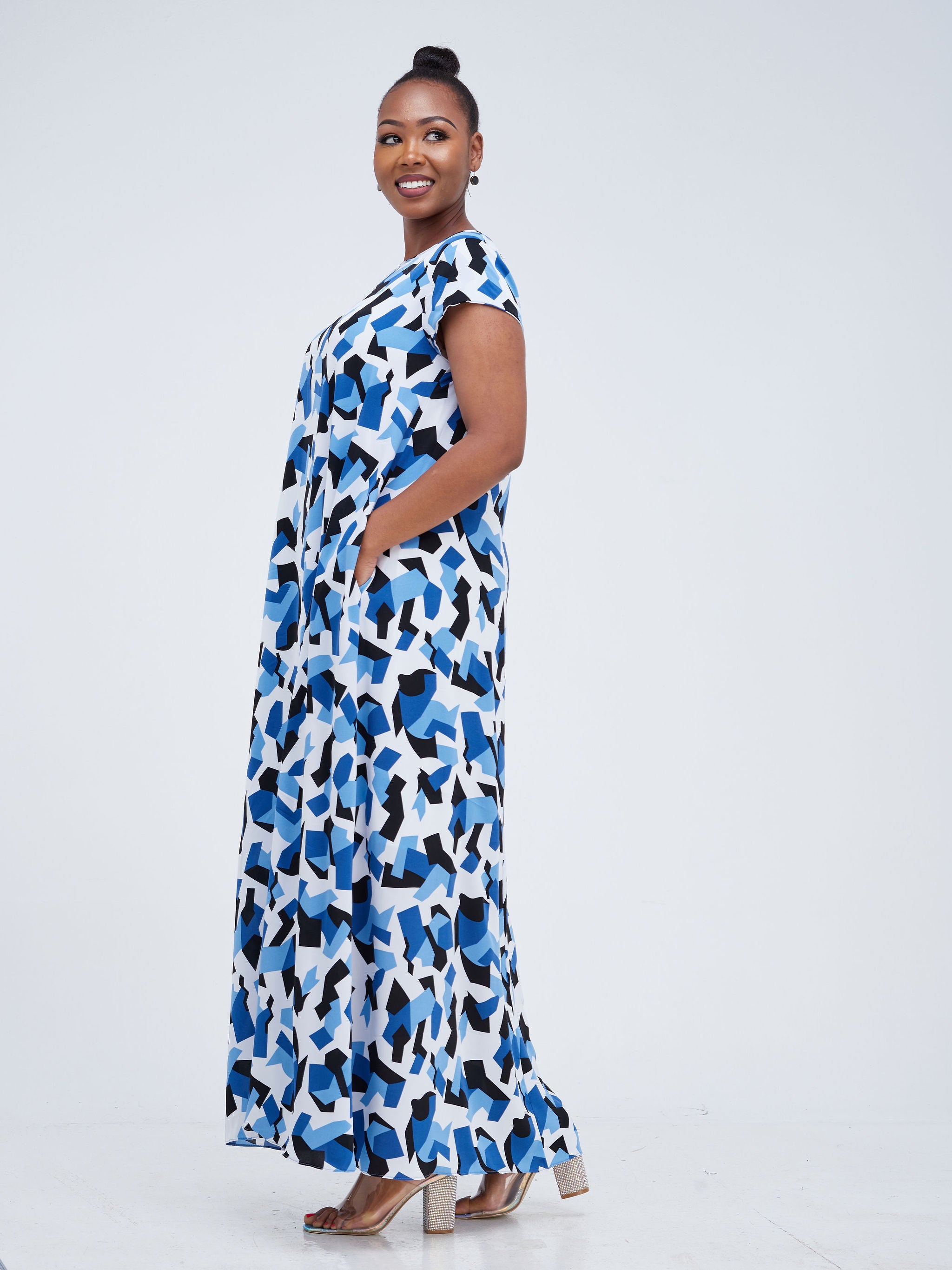 Vivo Basic Cap Sleeved Tent Maxi Dress - Blue Abstract Print