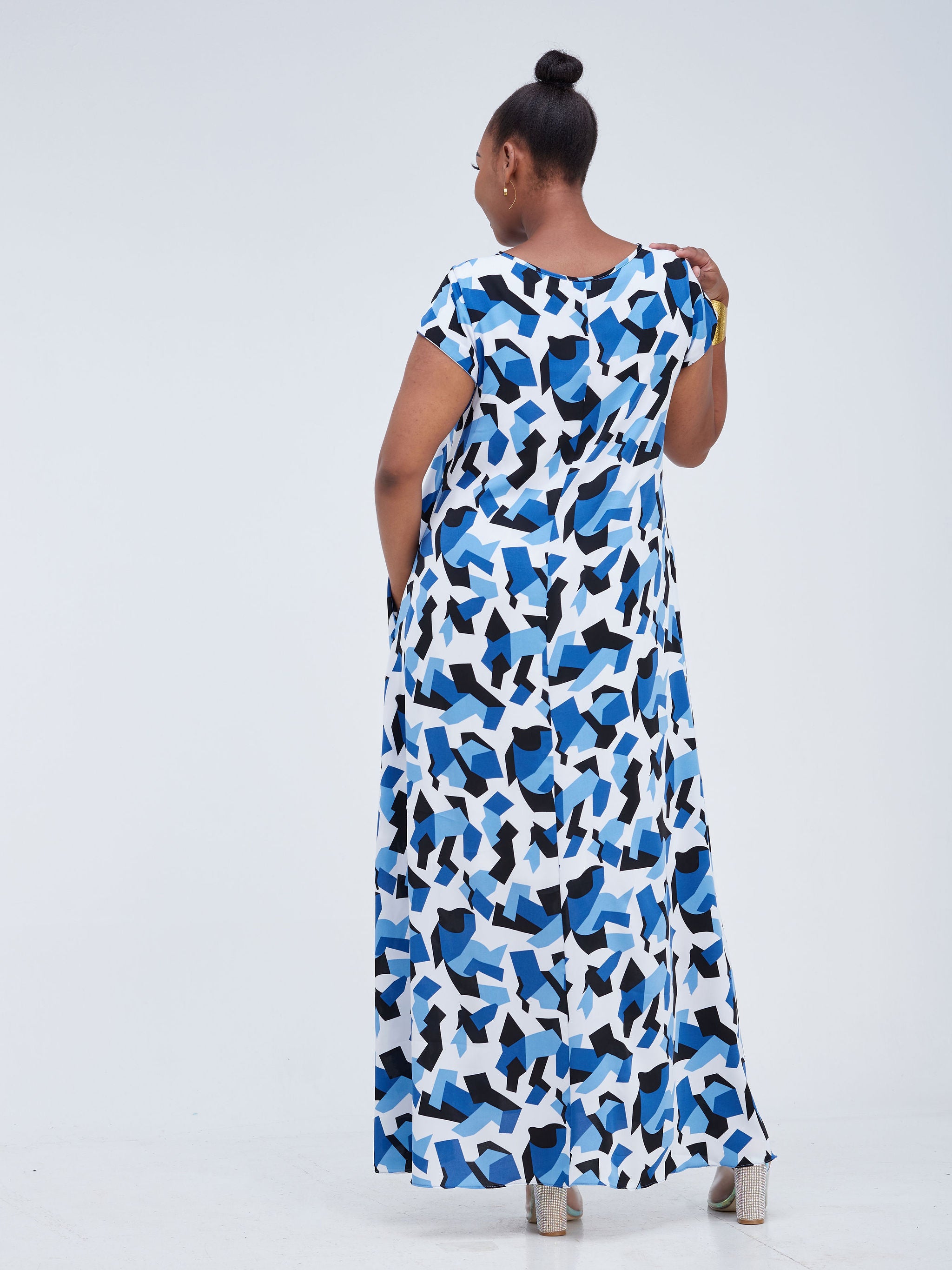Vivo Basic Cap Sleeved Tent Maxi Dress - Blue Abstract Print