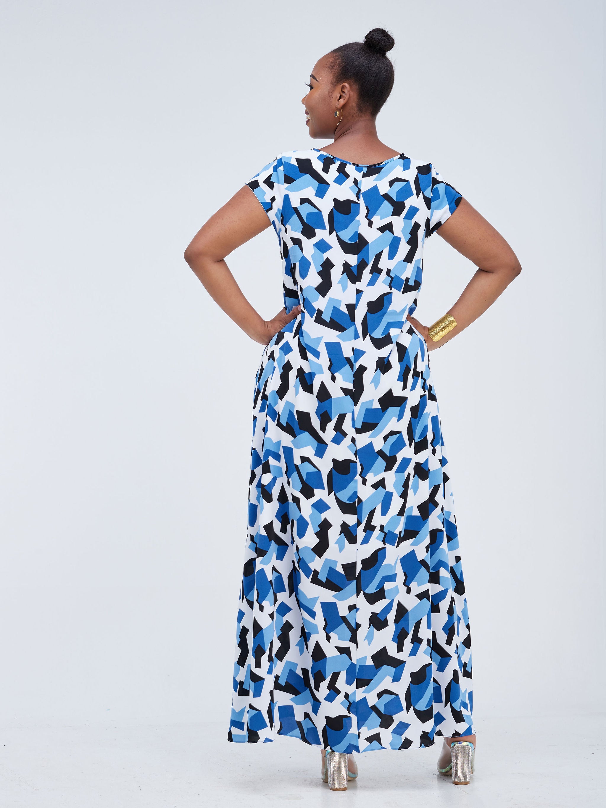 Vivo Basic Cap Sleeved Tent Maxi Dress - Blue Abstract Print