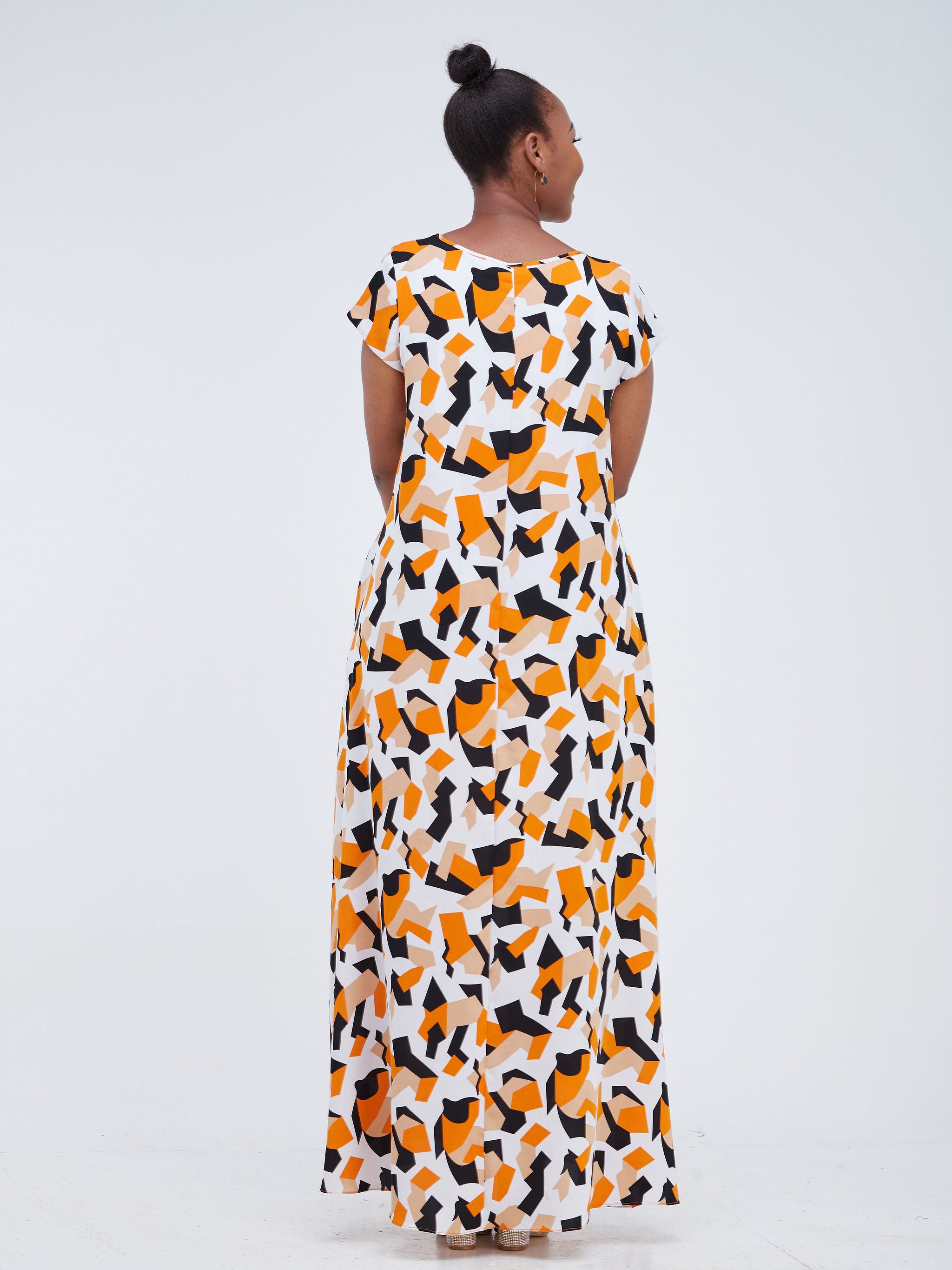 Vivo Basic Cap Sleeved Tent Maxi Dress - Orange Abstract Print
