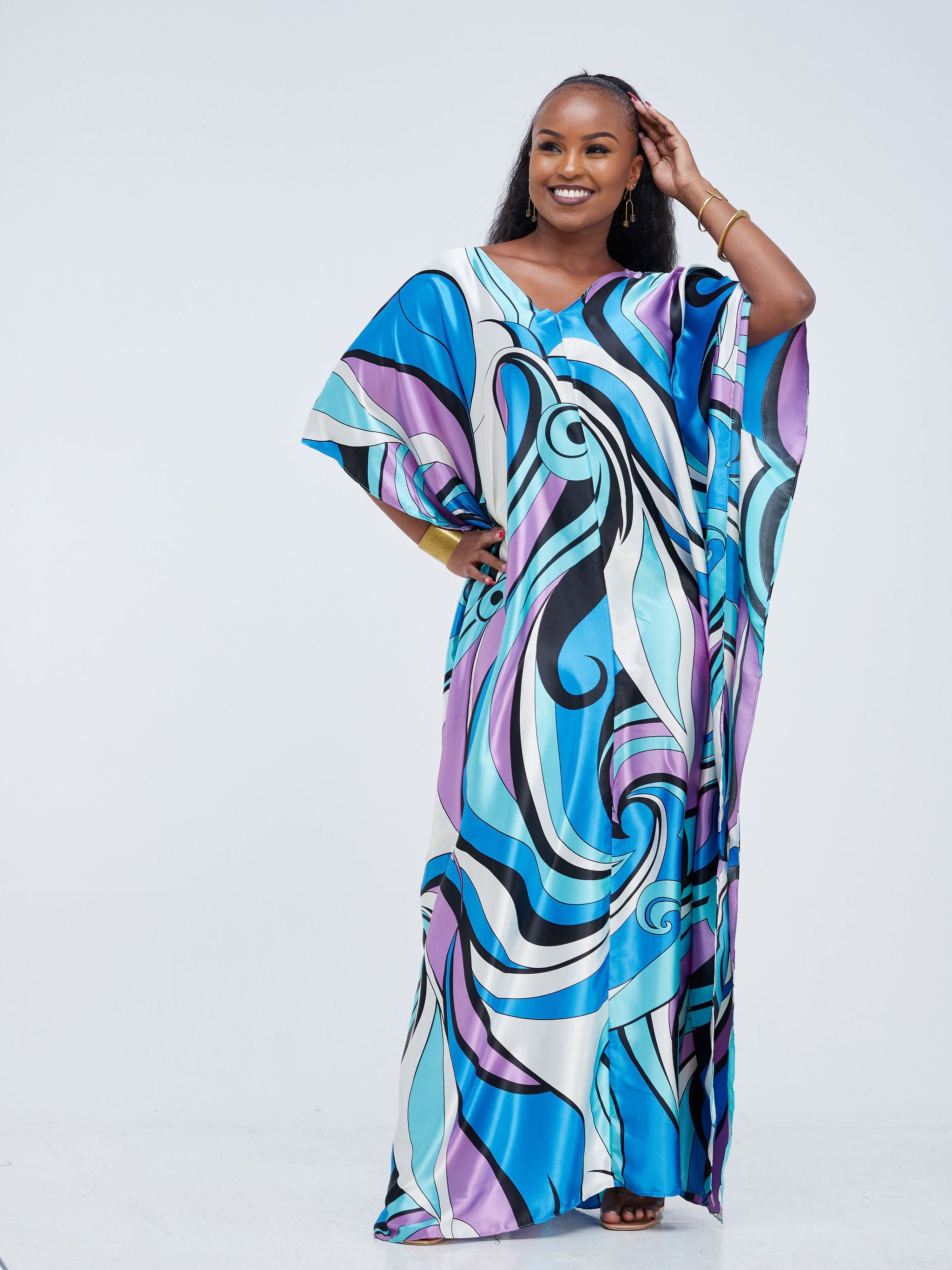 Vivo Basic V-Neck Satin Kaftan - Blue / Black Abstract Print