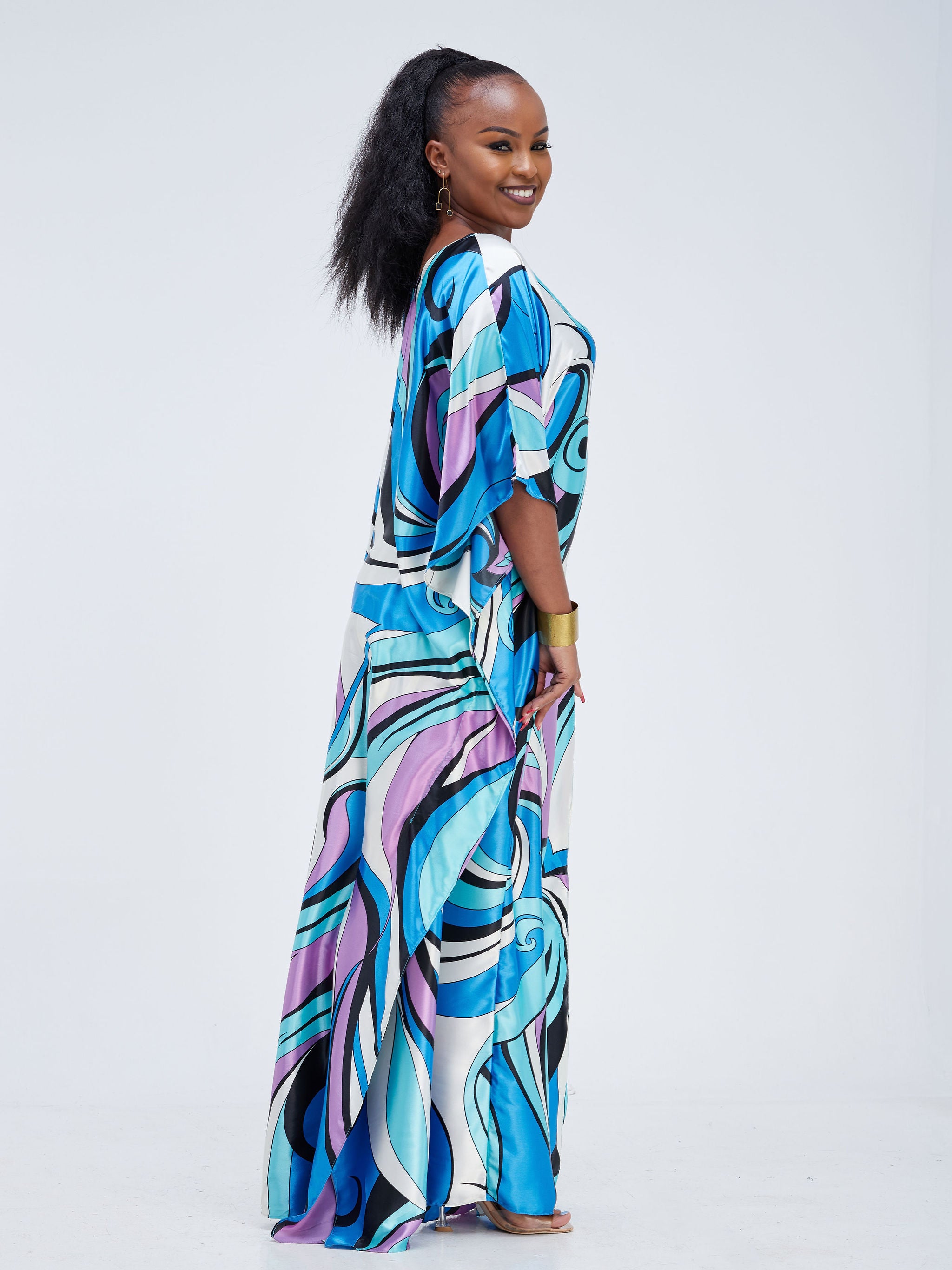 Vivo Basic V-Neck Satin Kaftan - Blue / Black Abstract Print