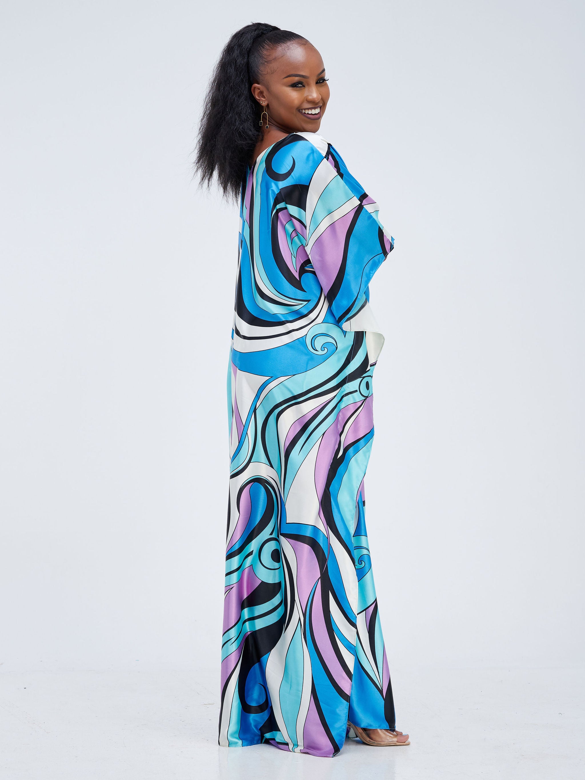 Vivo Basic V-Neck Satin Kaftan - Blue / Black Abstract Print