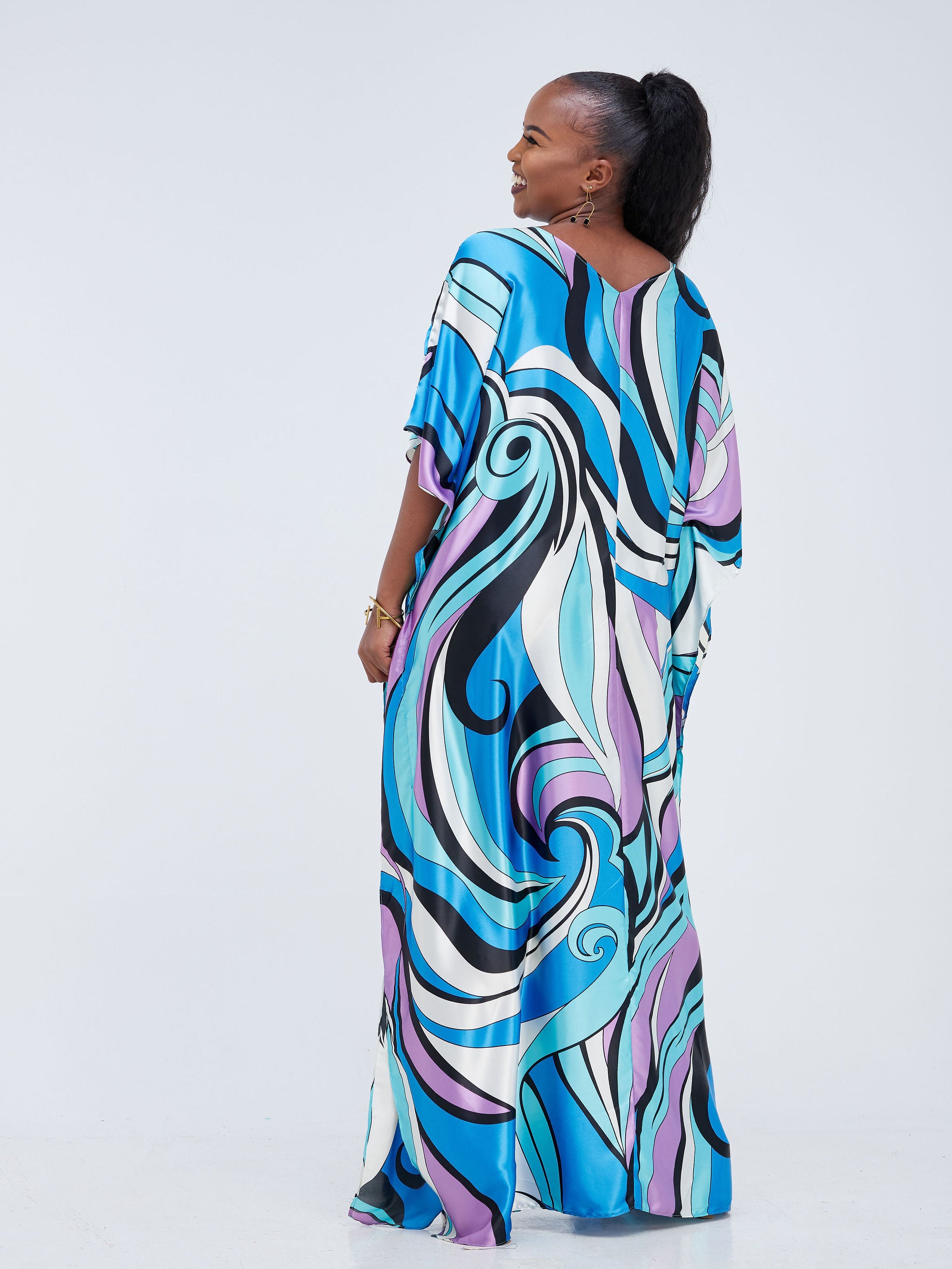 Vivo Basic V-Neck Satin Kaftan - Blue / Black Abstract Print