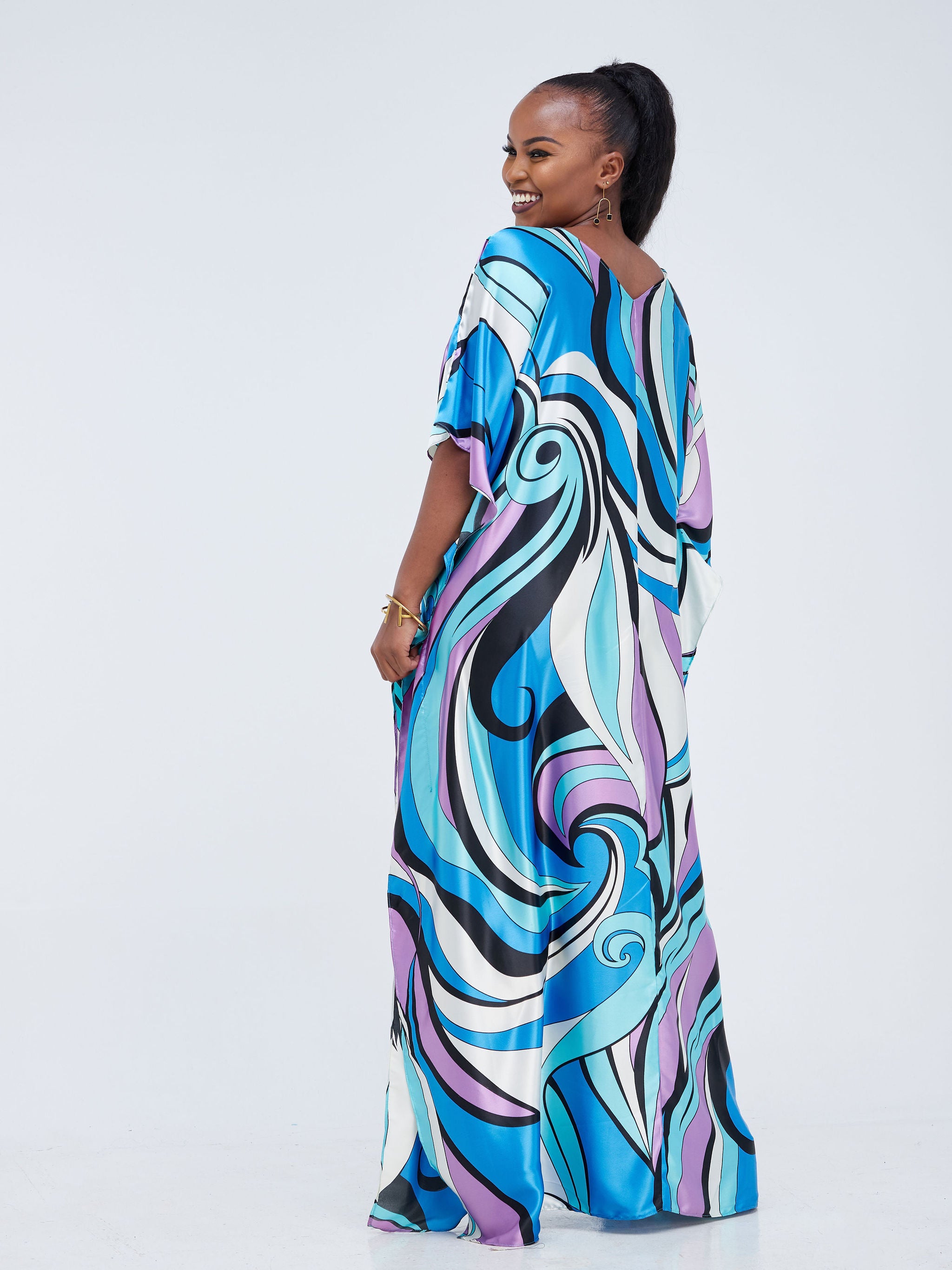 Vivo Basic V-Neck Satin Kaftan - Blue / Black Abstract Print