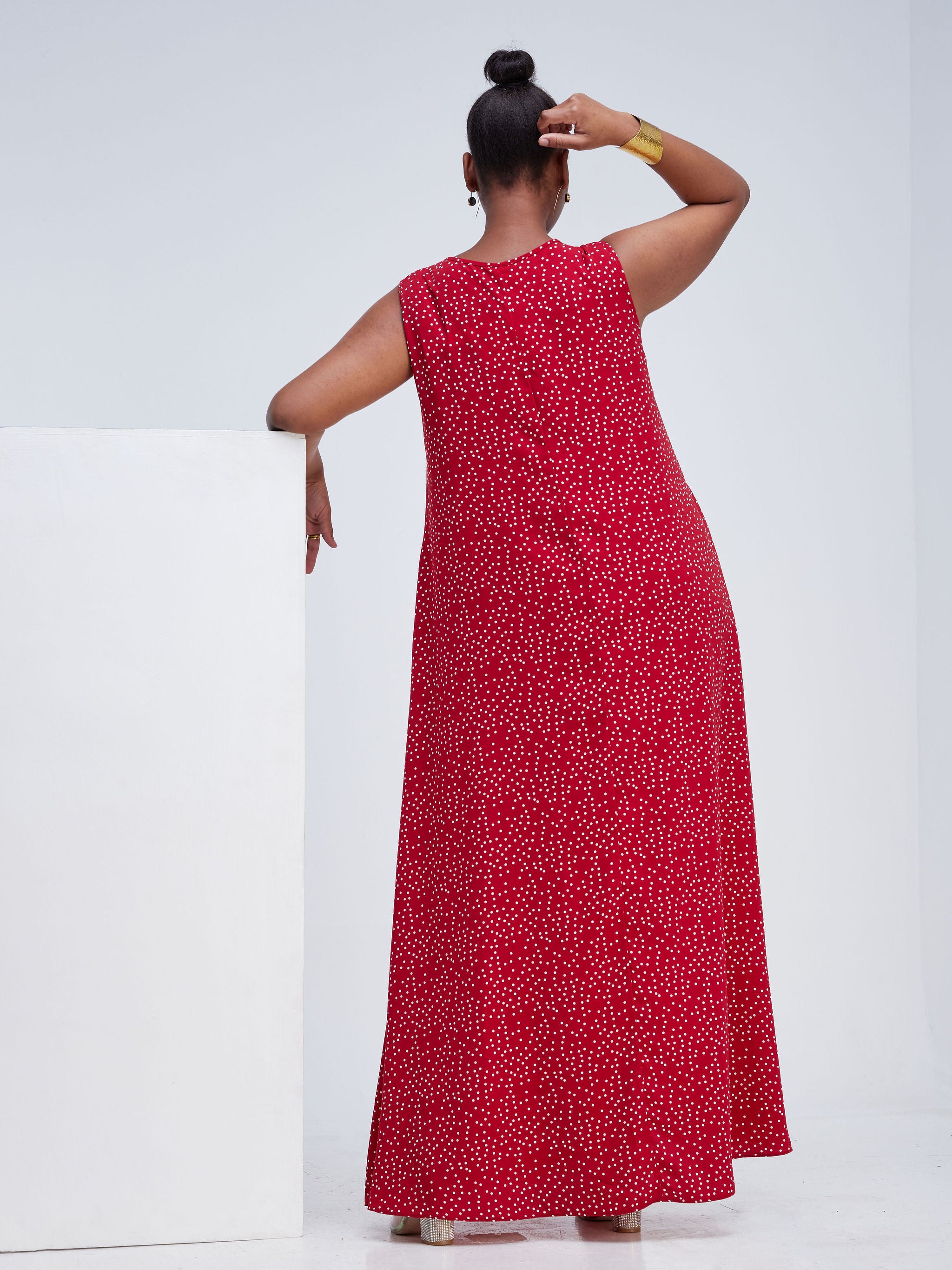 Vivo Basic Sleeveless Tent Maxi Dress - Red Polka Dot Print