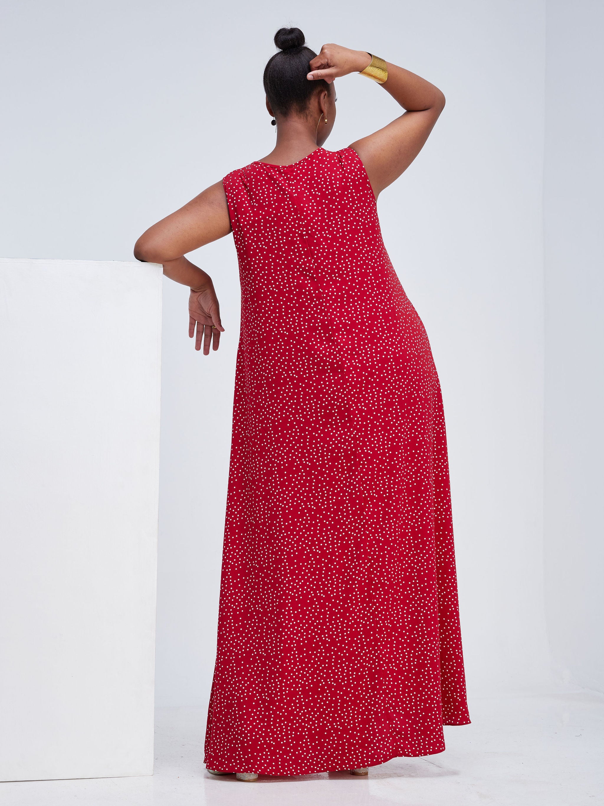 Vivo Basic Sleeveless Tent Maxi Dress - Red Polka Dot Print