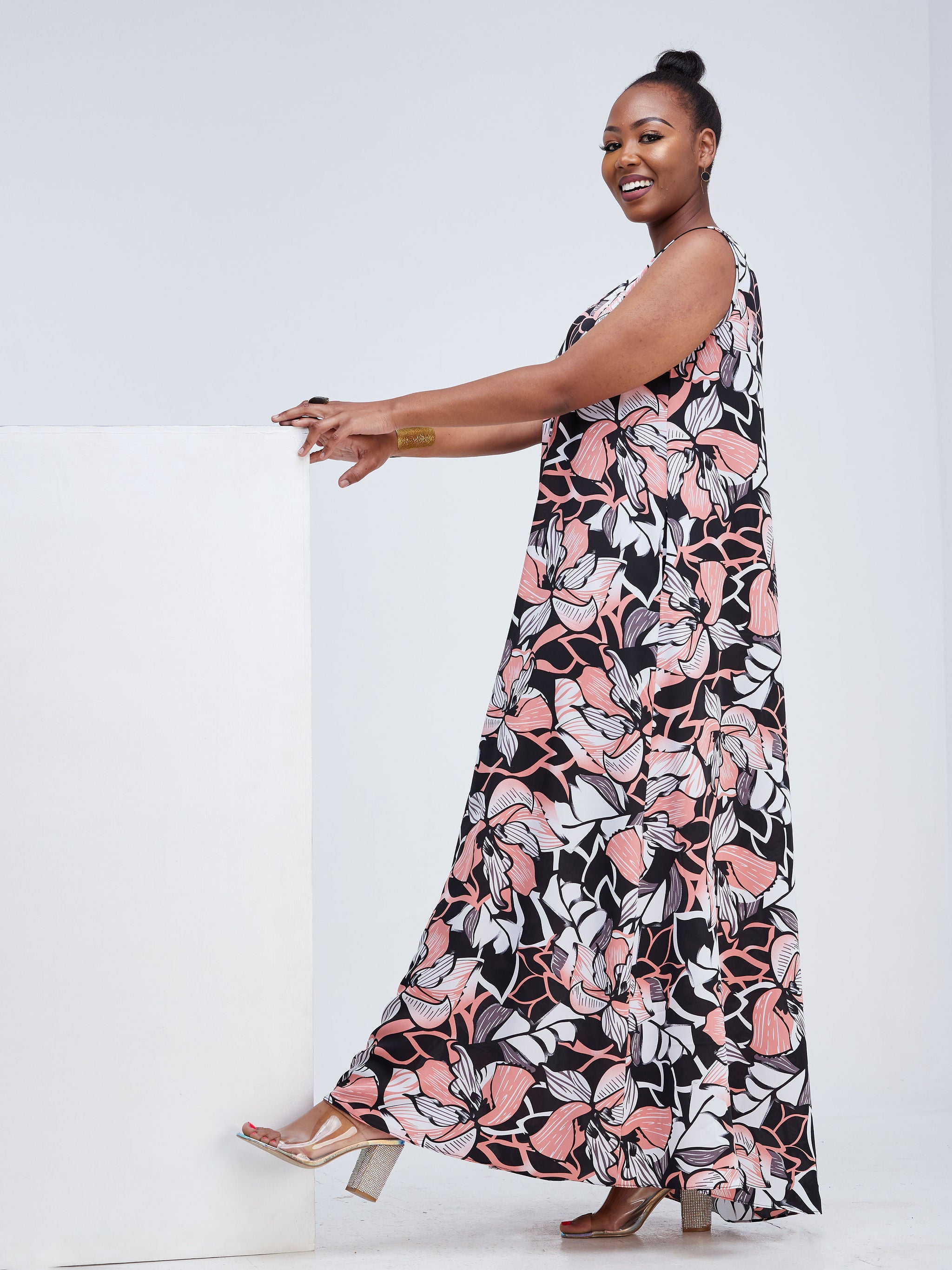 Vivo Basic Sleeveless Tent Maxi Dress - Black /  Pink Floral Print
