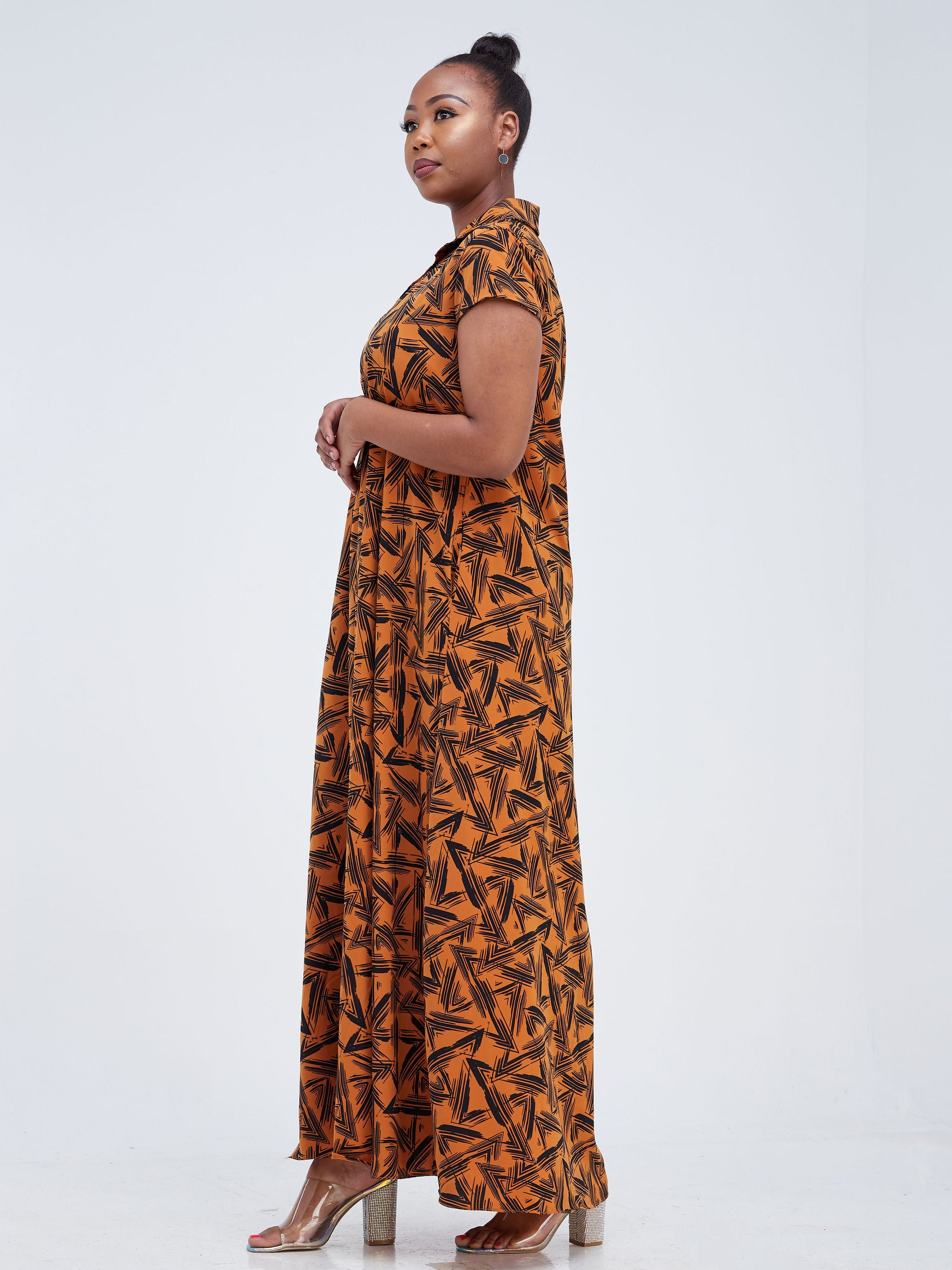 Vivo Zuri Cap Sleeved Maxi Dress - Brown Geometric Print