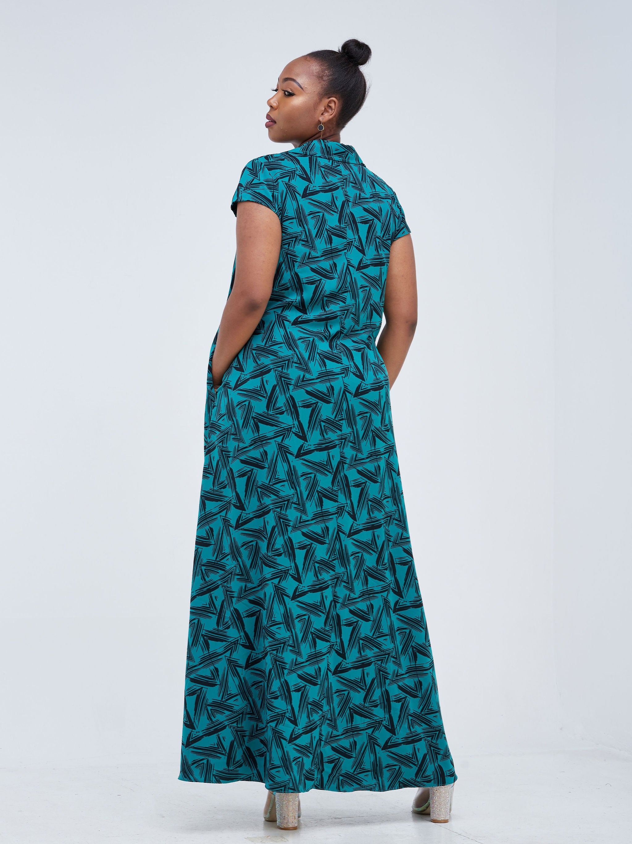 Vivo Zuri Cap Sleeved Maxi Dress - Teal Print