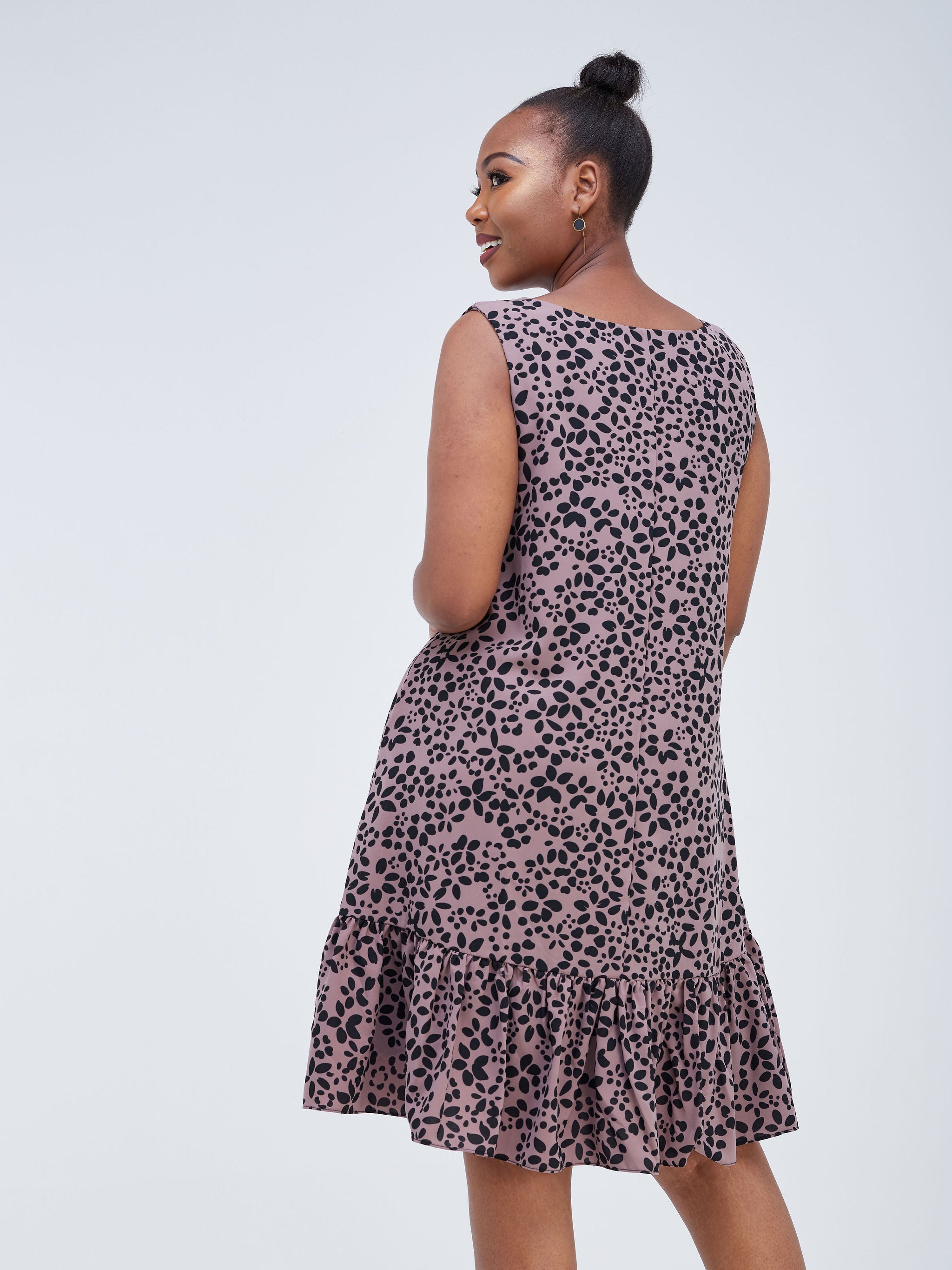 Vivo Dalia Sleeveless Gathered Tent Dress - Light Brown Floral print