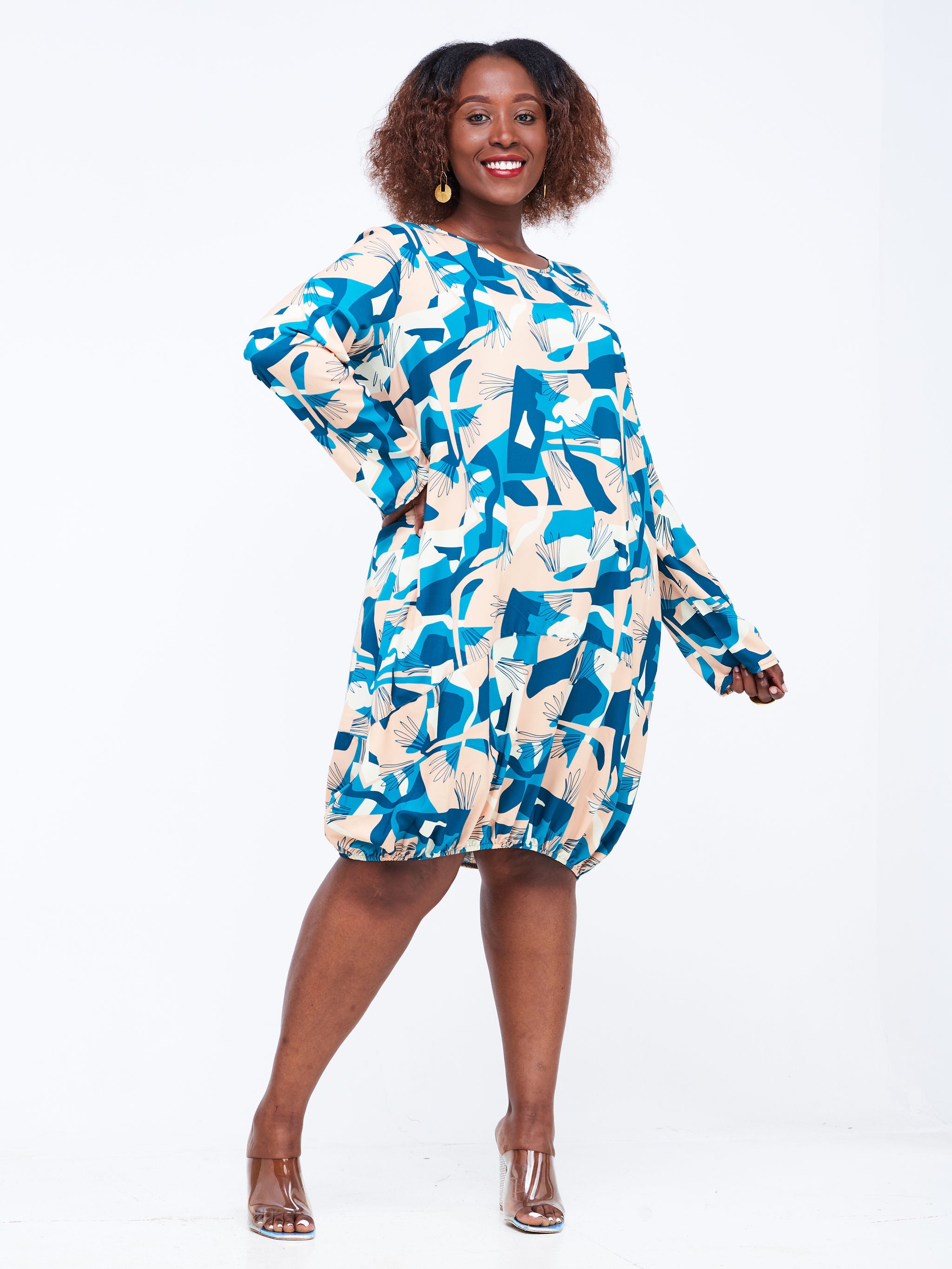 Vivo Wingu Long Sleeve Balloon Knee Length Dress Teal Abstract Print Vivo Fashion Group Kenya