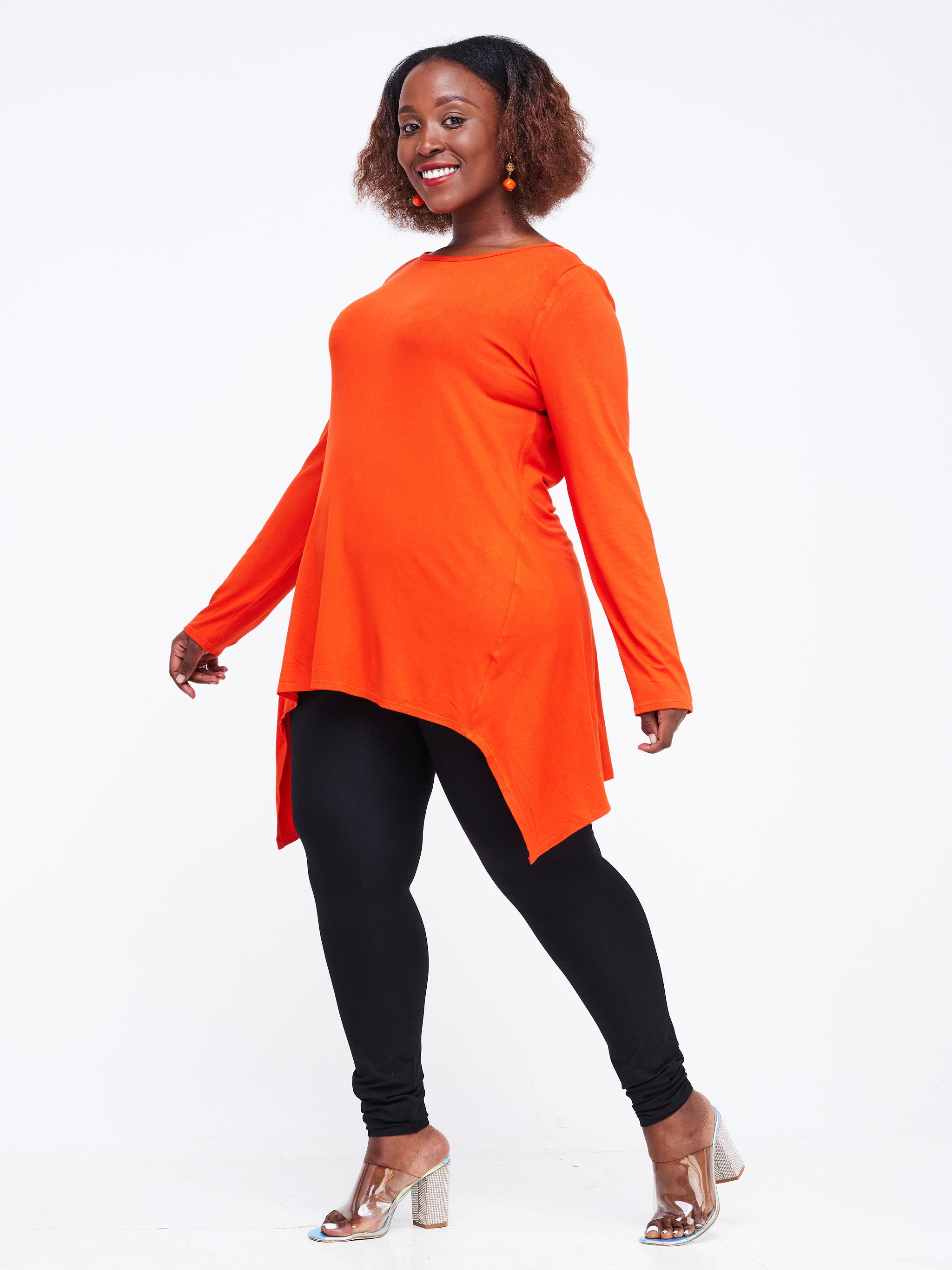 Vivo Wingu Long Sleeve Side Drape Tunic Top - Orange