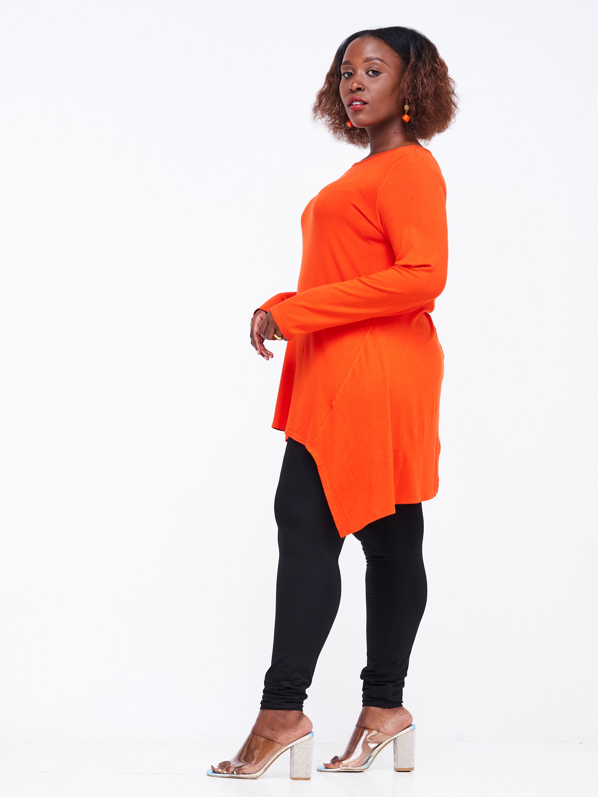 Vivo Wingu Long Sleeve Side Drape Tunic Top - Orange