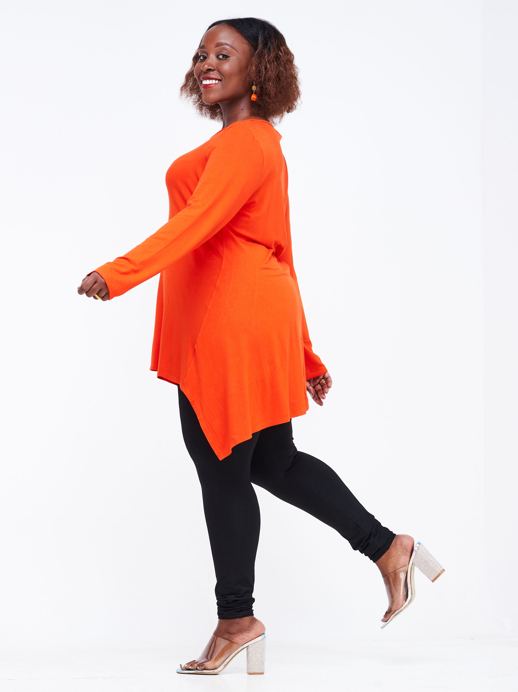 Vivo Wingu Long Sleeve Side Drape Tunic Top - Orange