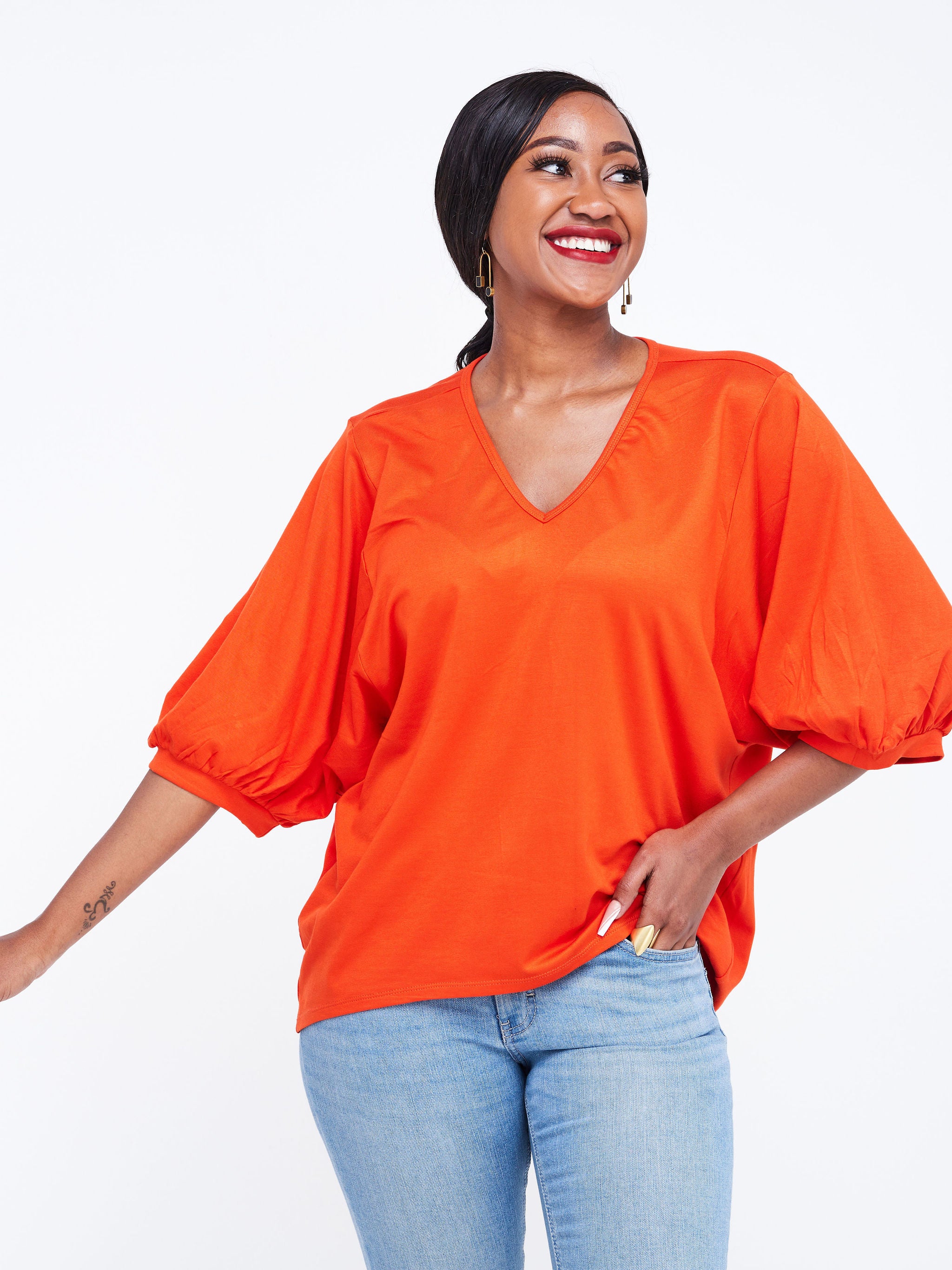 Vivo Wingu Puff Sleeve V-Neck Top - Orange