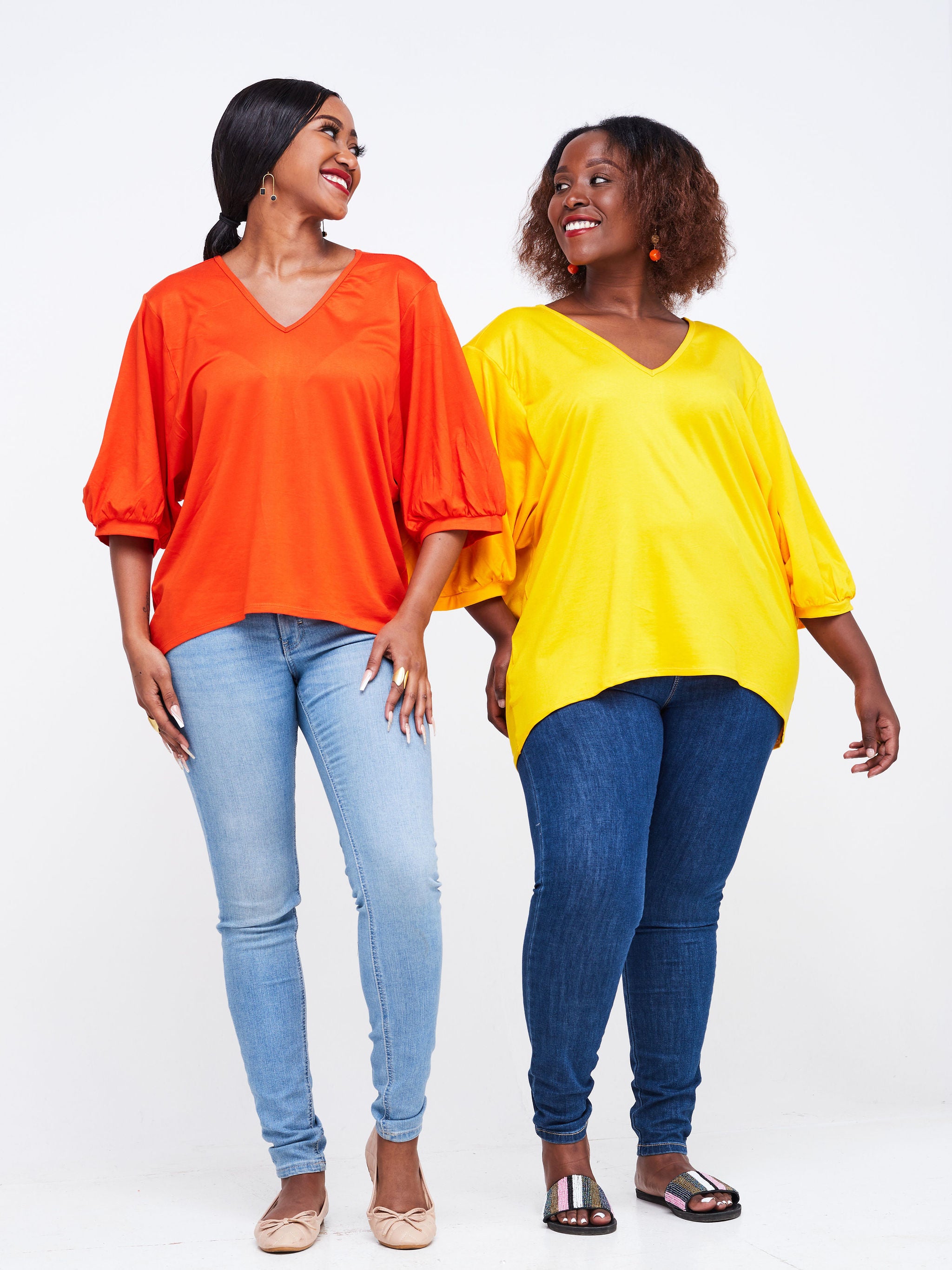 Vivo Wingu Puff Sleeve V-Neck Top - Orange